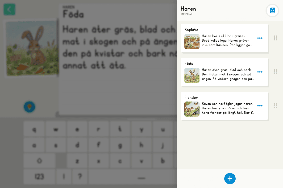 Innehållspanelen i Kattalo visar sektionerna Boplats, Föda och Fiender med bild och textutdrag