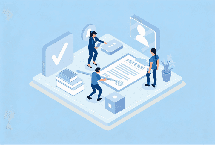 插圖展示專業人士共同檢視文件，象徵對財務資料的監督及管治工作