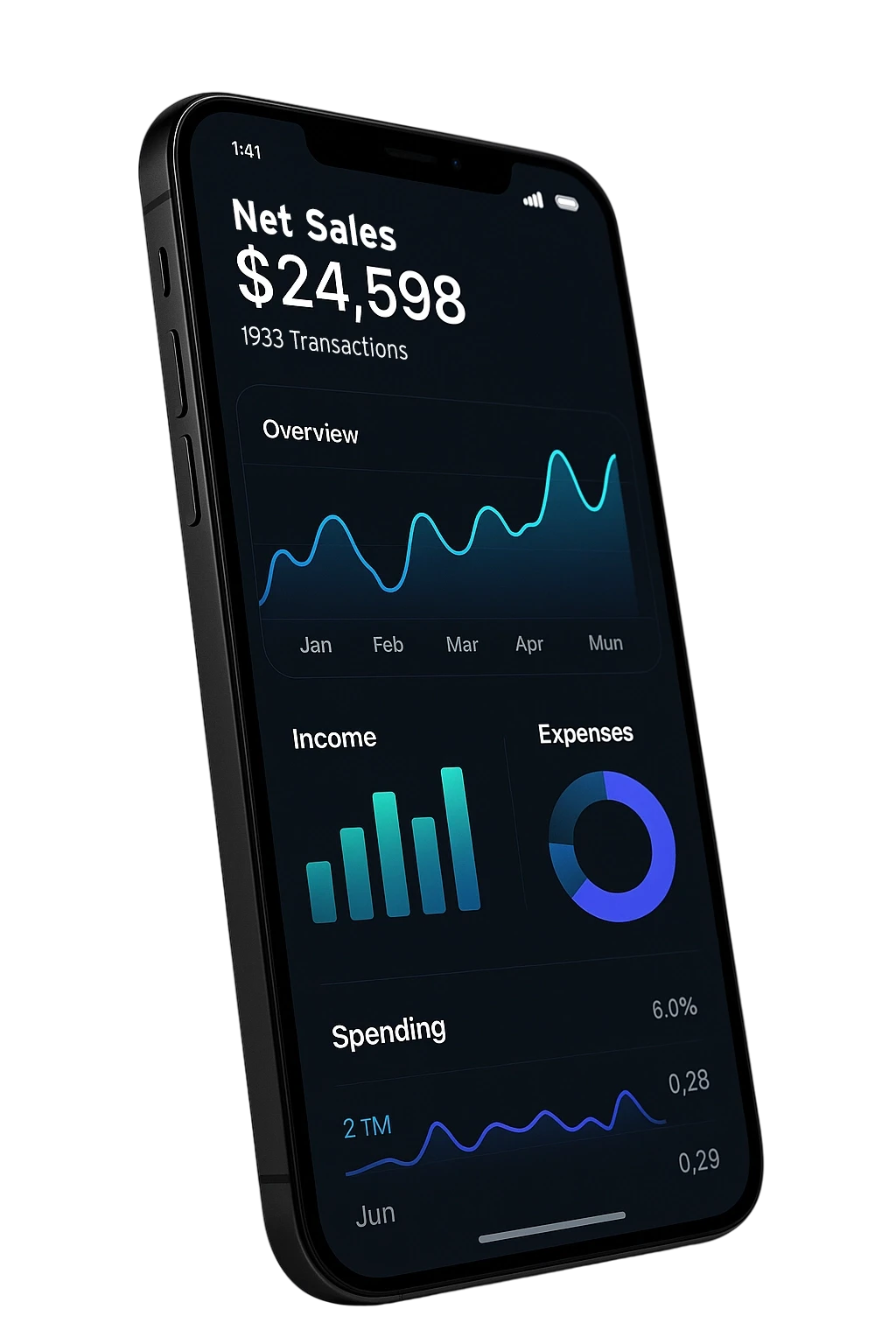 iPhone showing a financial tracking application with graphs.