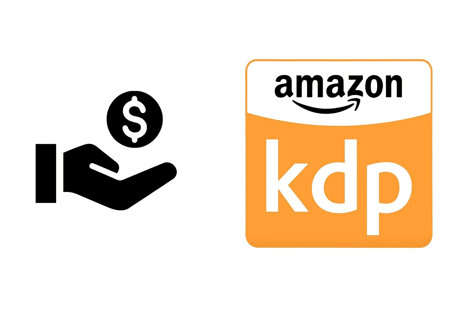 Une icône représentant une main tenant un dollar à gauche et le logo Amazon KDP à droite, illustrant l'ajout de contenu enrichi pour améliorer l'expérience utilisateur et renforcer la visibilité des marques sur Amazon.
