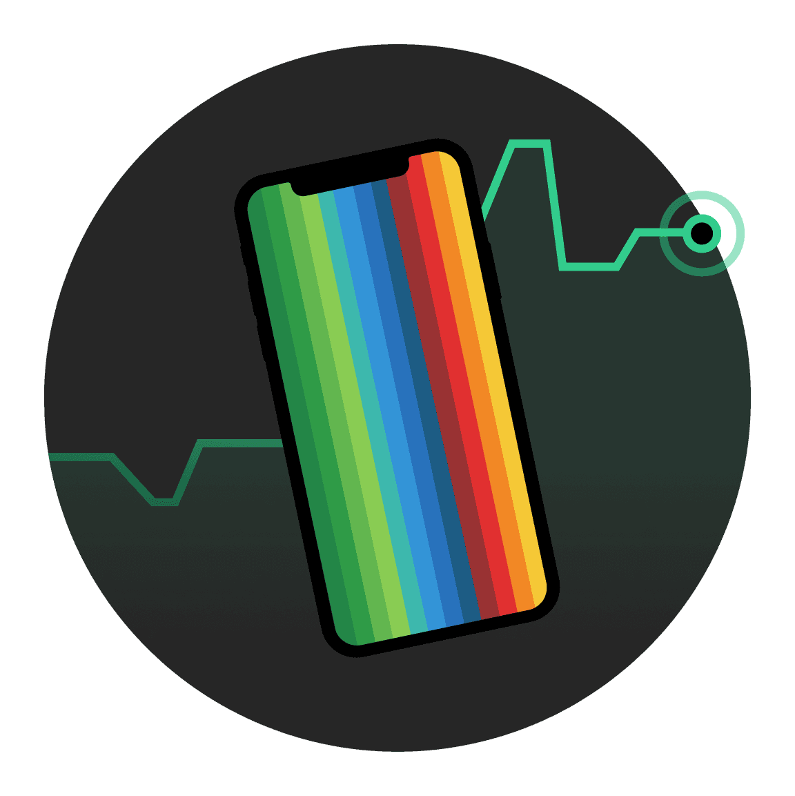 Een hand die een smartphone vasthoudt en levendige grafieklijnen toont tegen een cirkelvormige achtergrond.