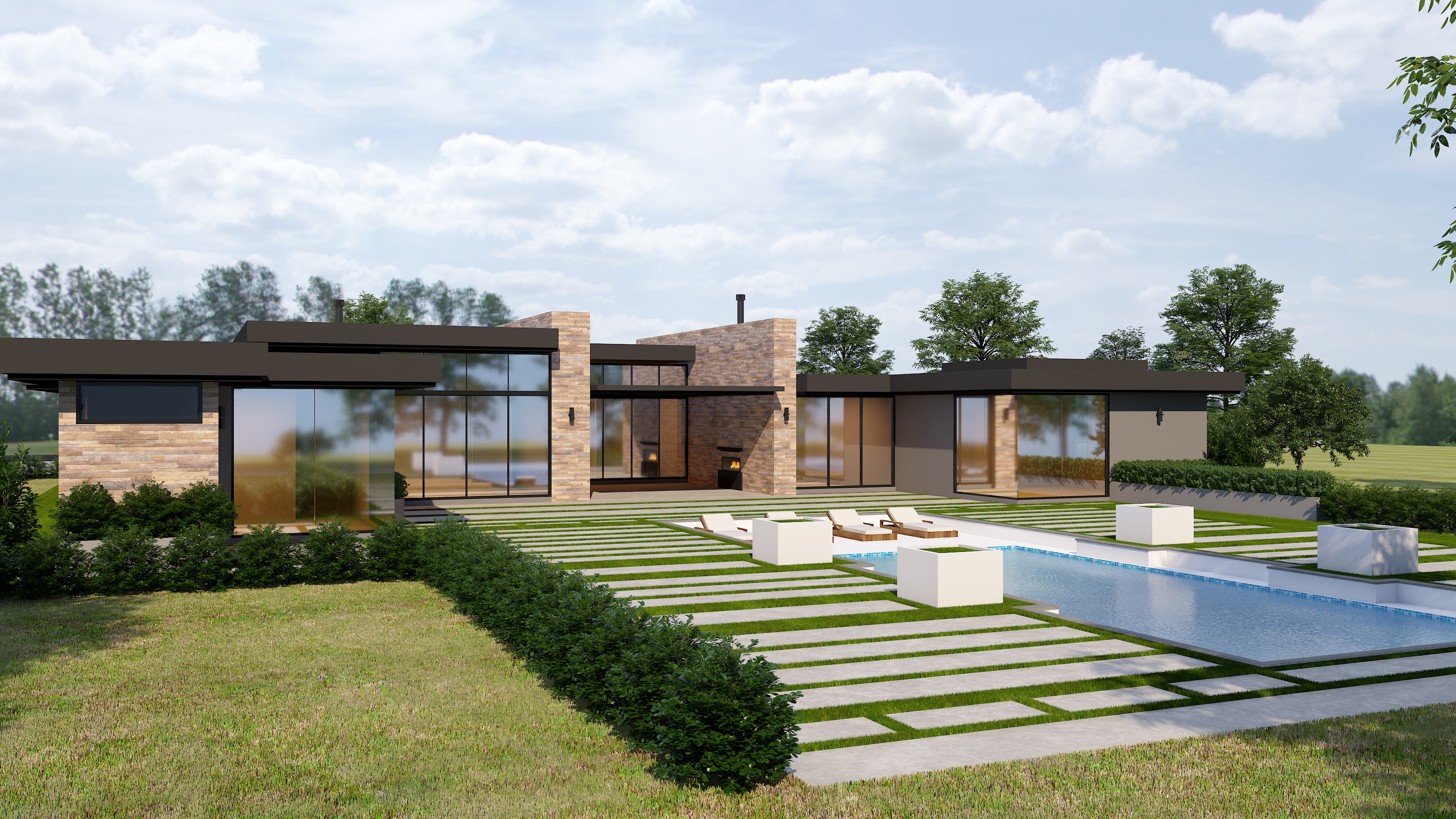 Another backyard view rendering of a modern house featuring the pool.