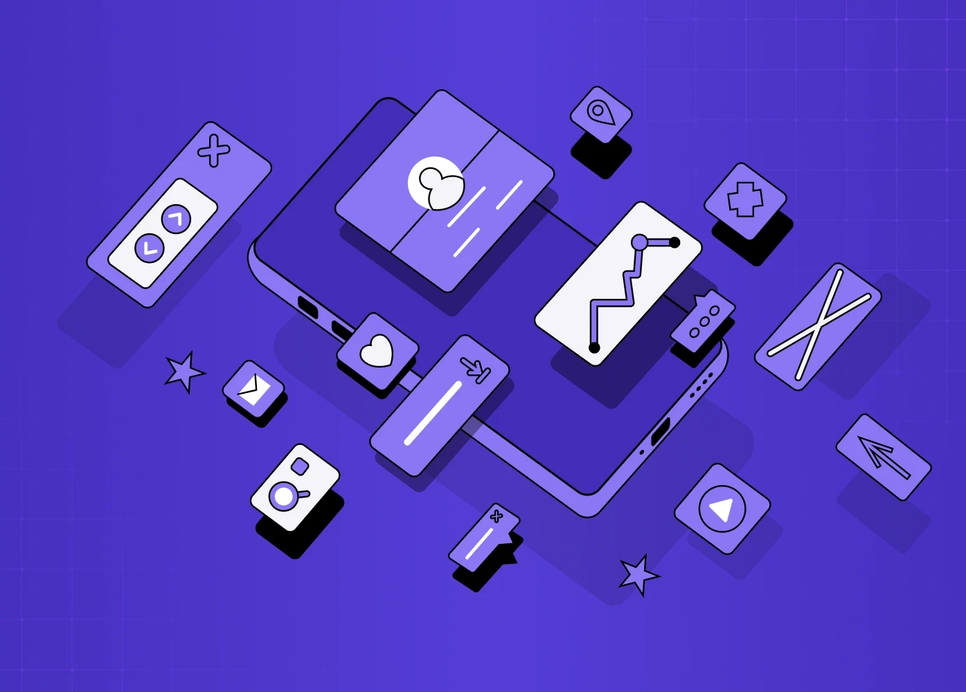 Isometric illustration of a smartphone surrounded by floating UI elements like charts, icons, and cards, representing a digital app ecosystem.