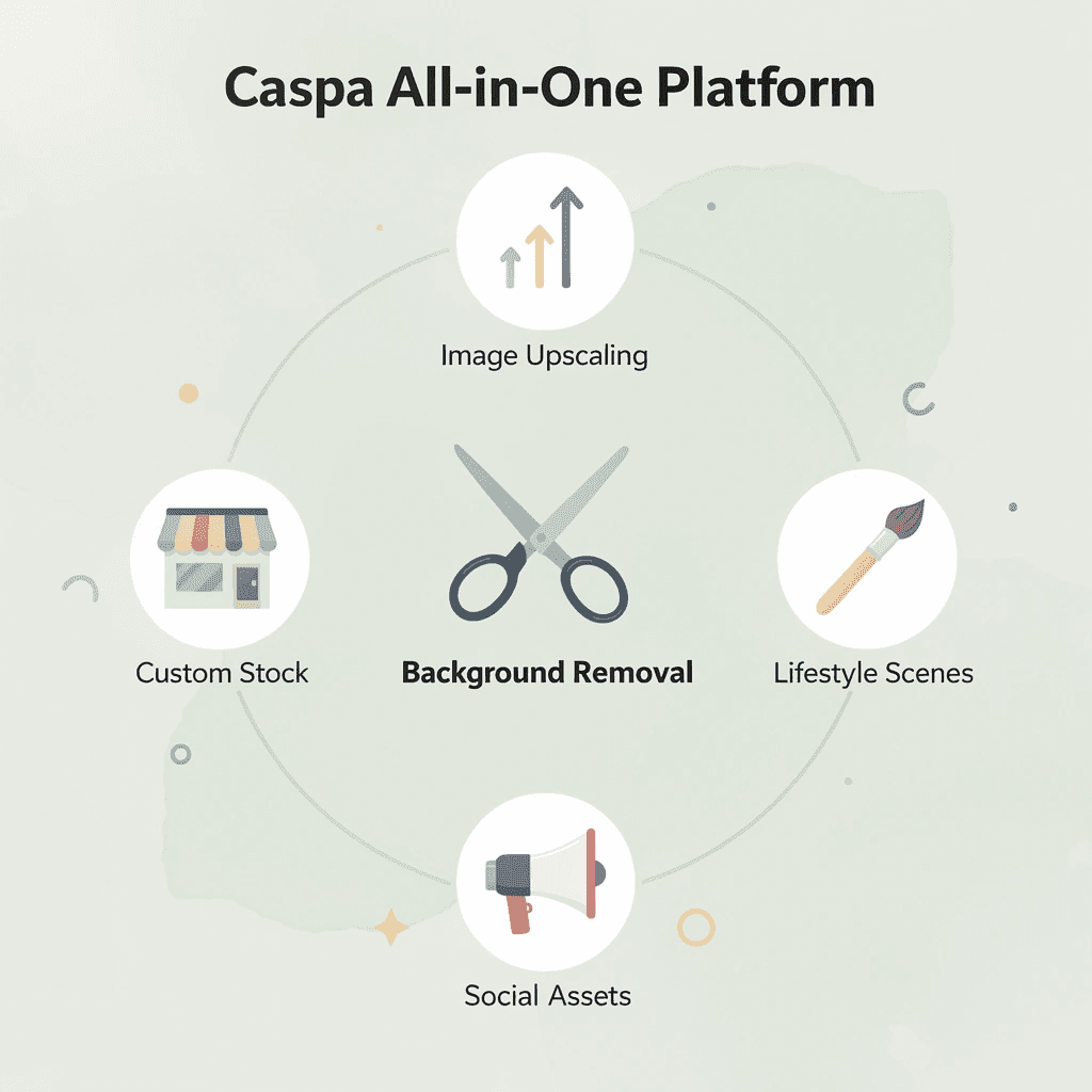 Hub and spoke infographic showing Caspa as a central platform connecting five content creation capabilities
