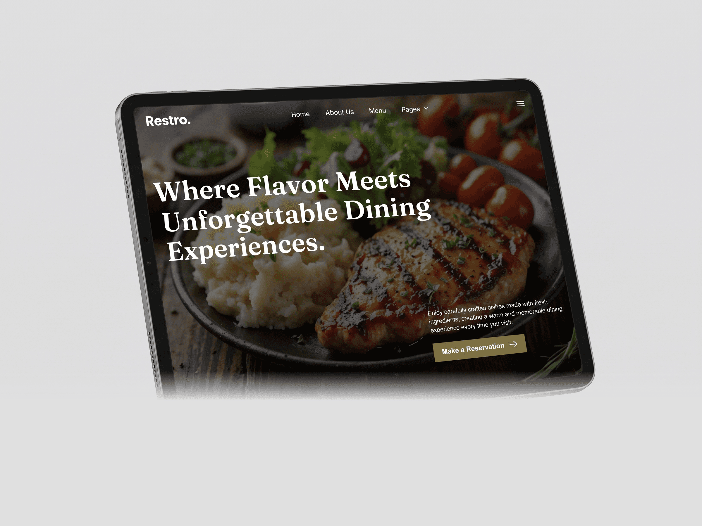 Restro website shown on a tilted, closed tablet mockup