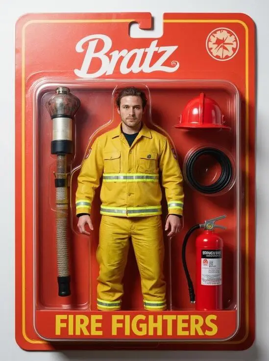 ai action figure trend Bratz-style firefighter doll with gear and hose in toy box.