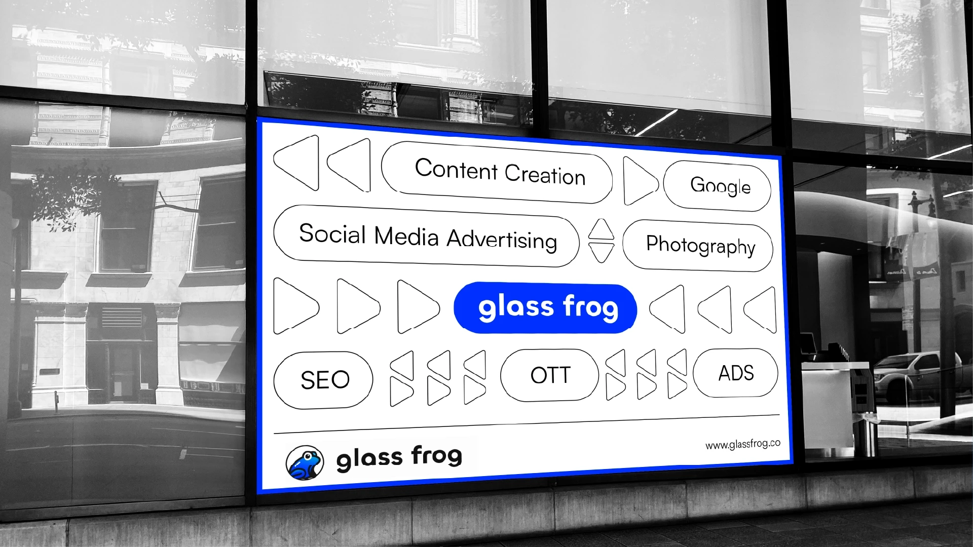 Creative branding visuals for Glassfrog advertising agency