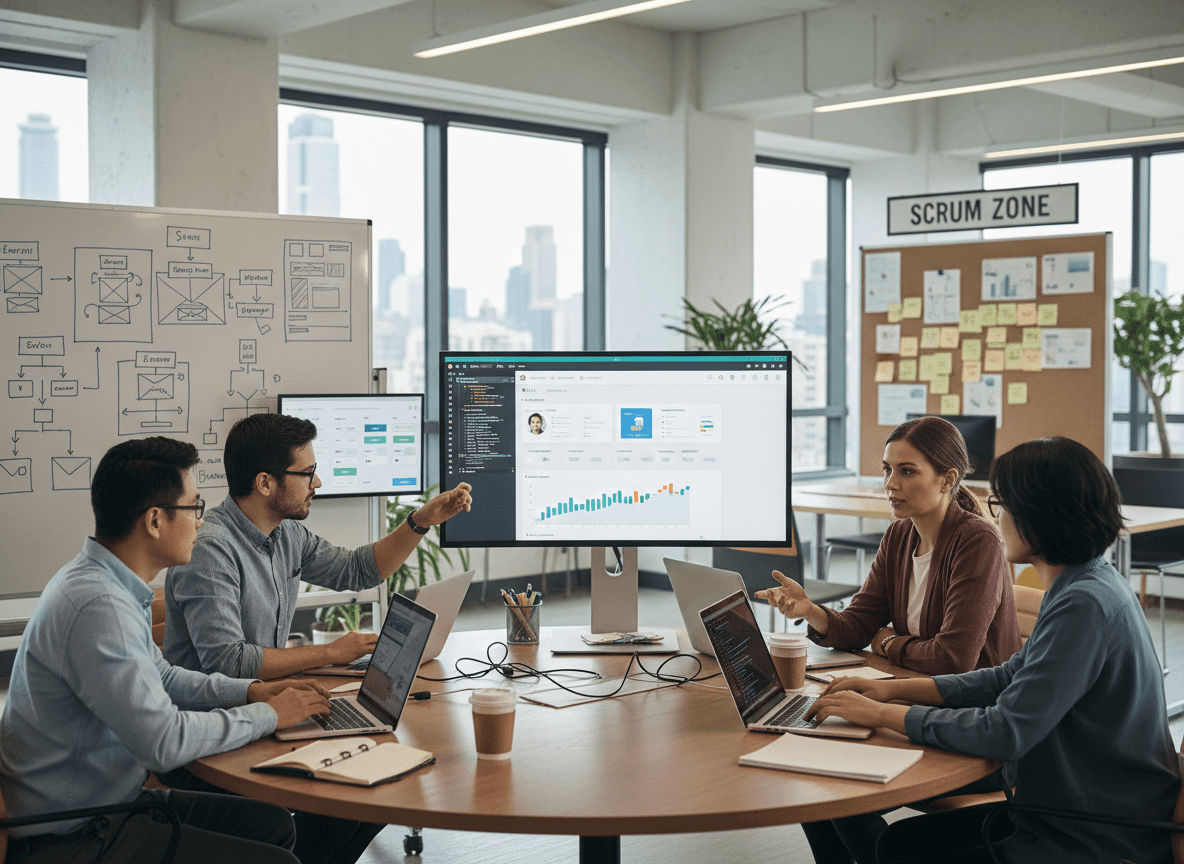 “HR software product launch workspace with designers and developers building front-end interfaces on large monitors.”