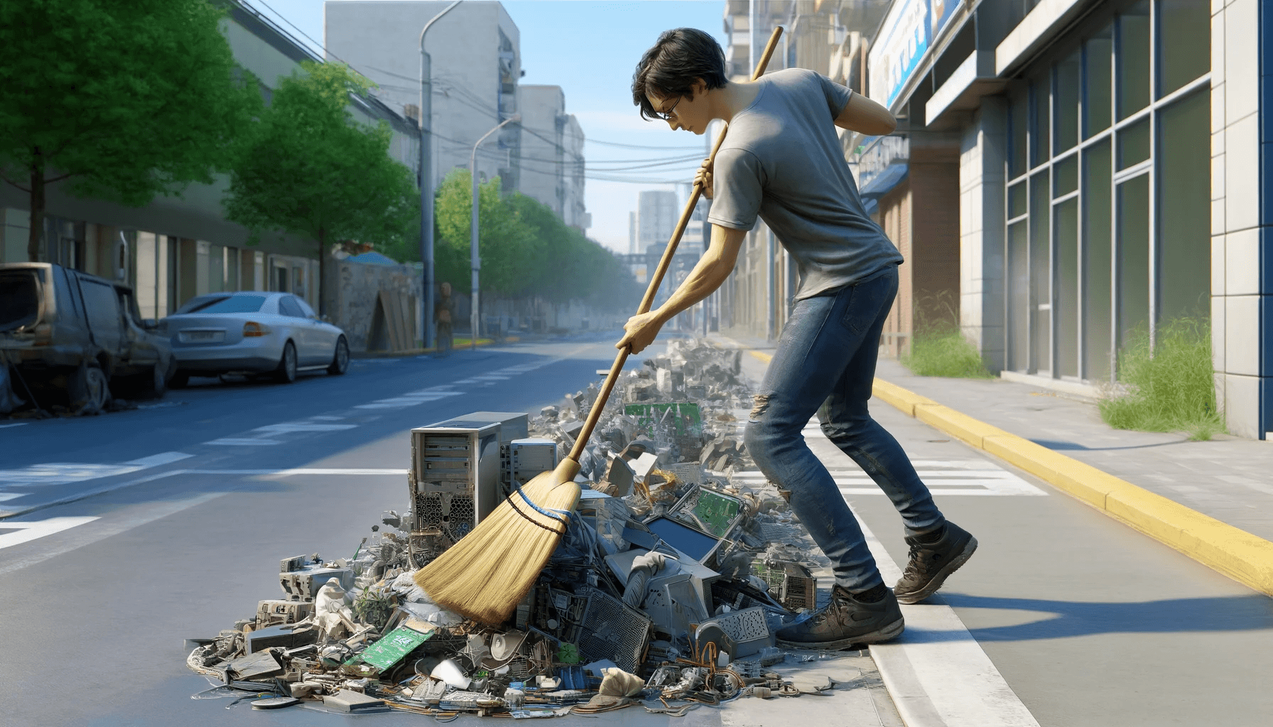 AI generated image of a man sweeping up digital debris in the street