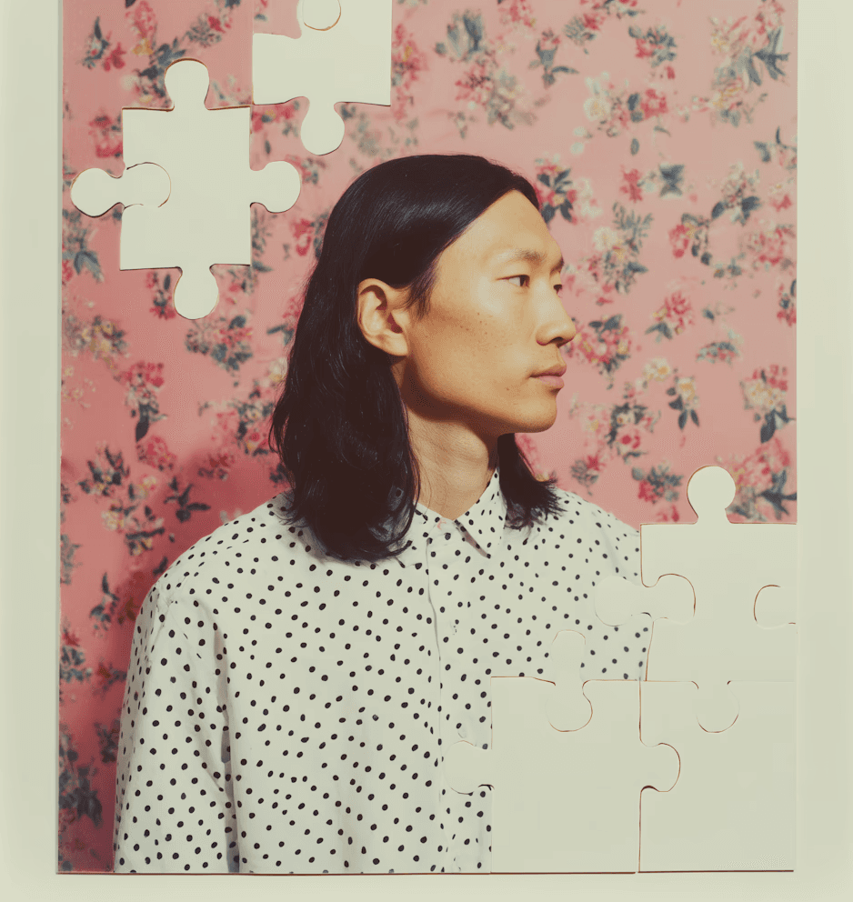 A person with long dark hair in a polka-dot shirt stands against a floral pink background. White puzzle pieces are layered artistically over the image.