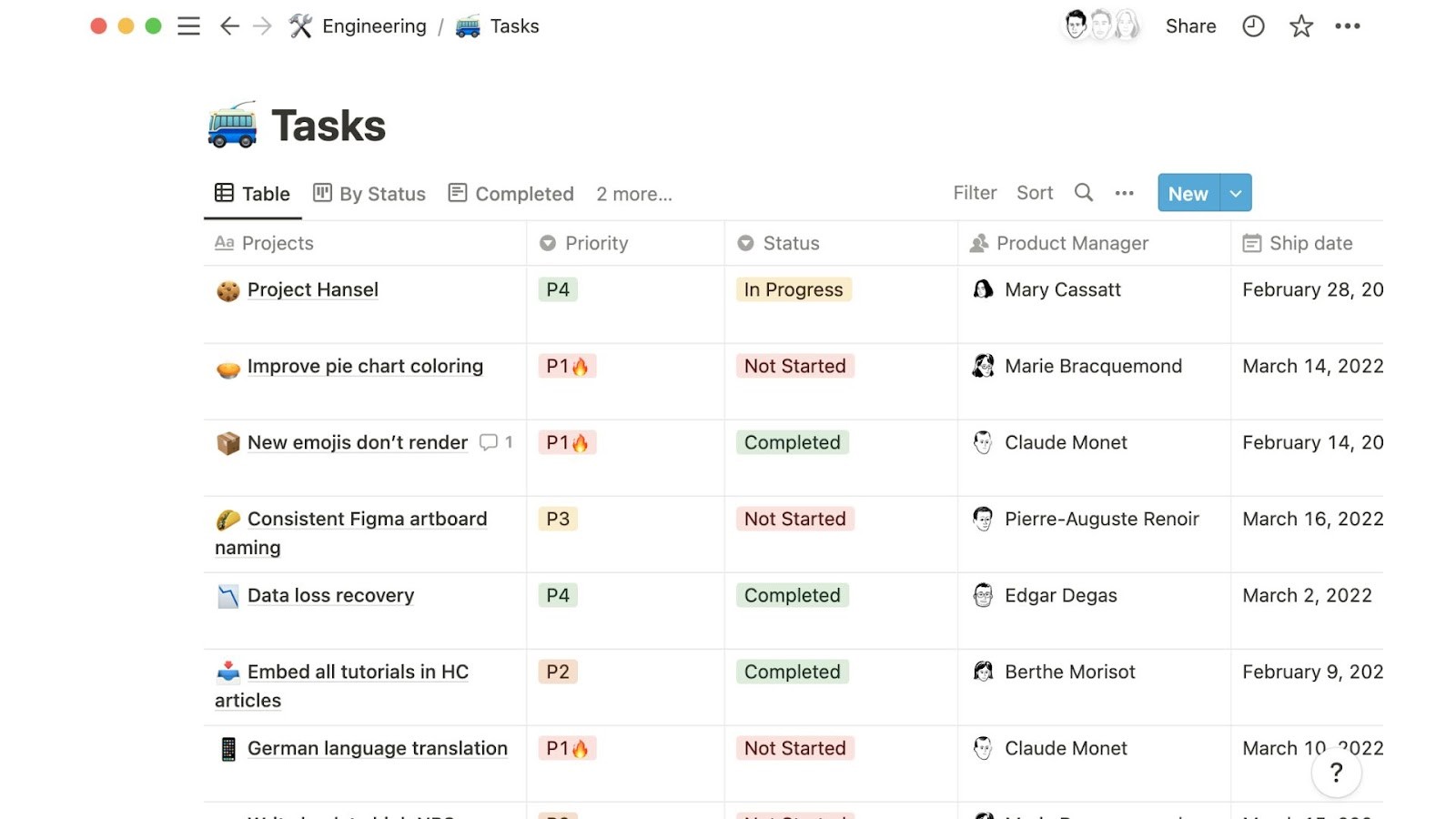 Notion’s task tracking and project management workspace table