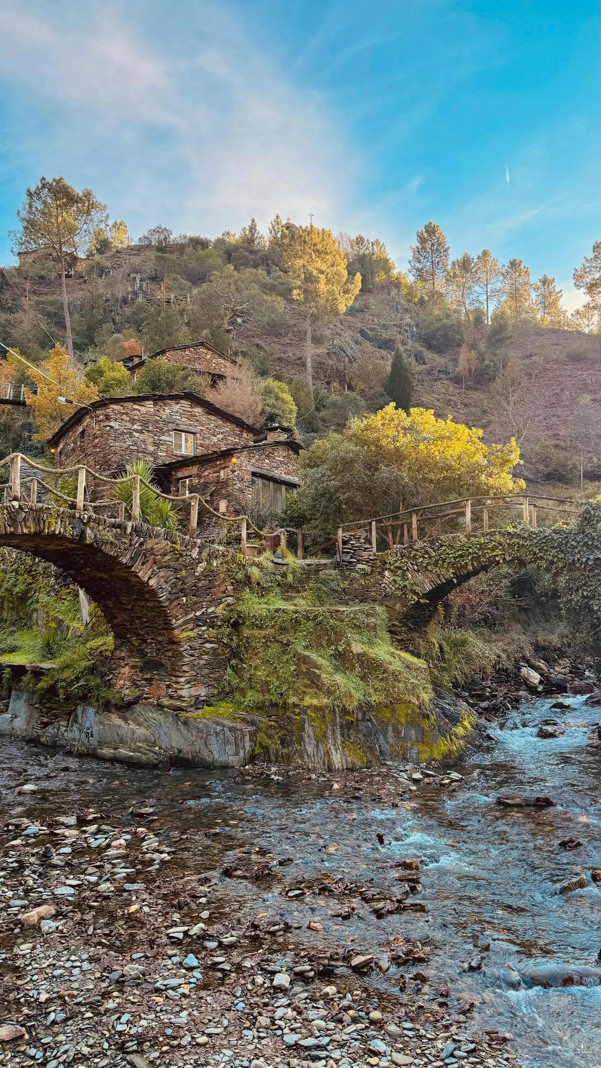 rural stone house and river landscape in Portugal, nature and sustainable environment