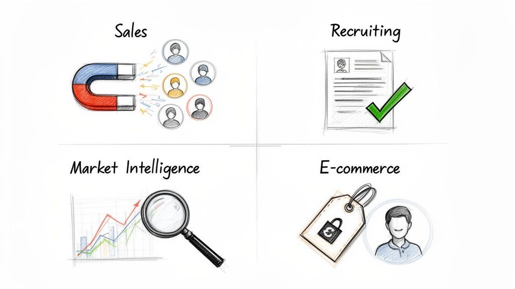 An image showing four business functions: Sales, Recruiting, Market Intelligence, and E-commerce, with corresponding doodles.