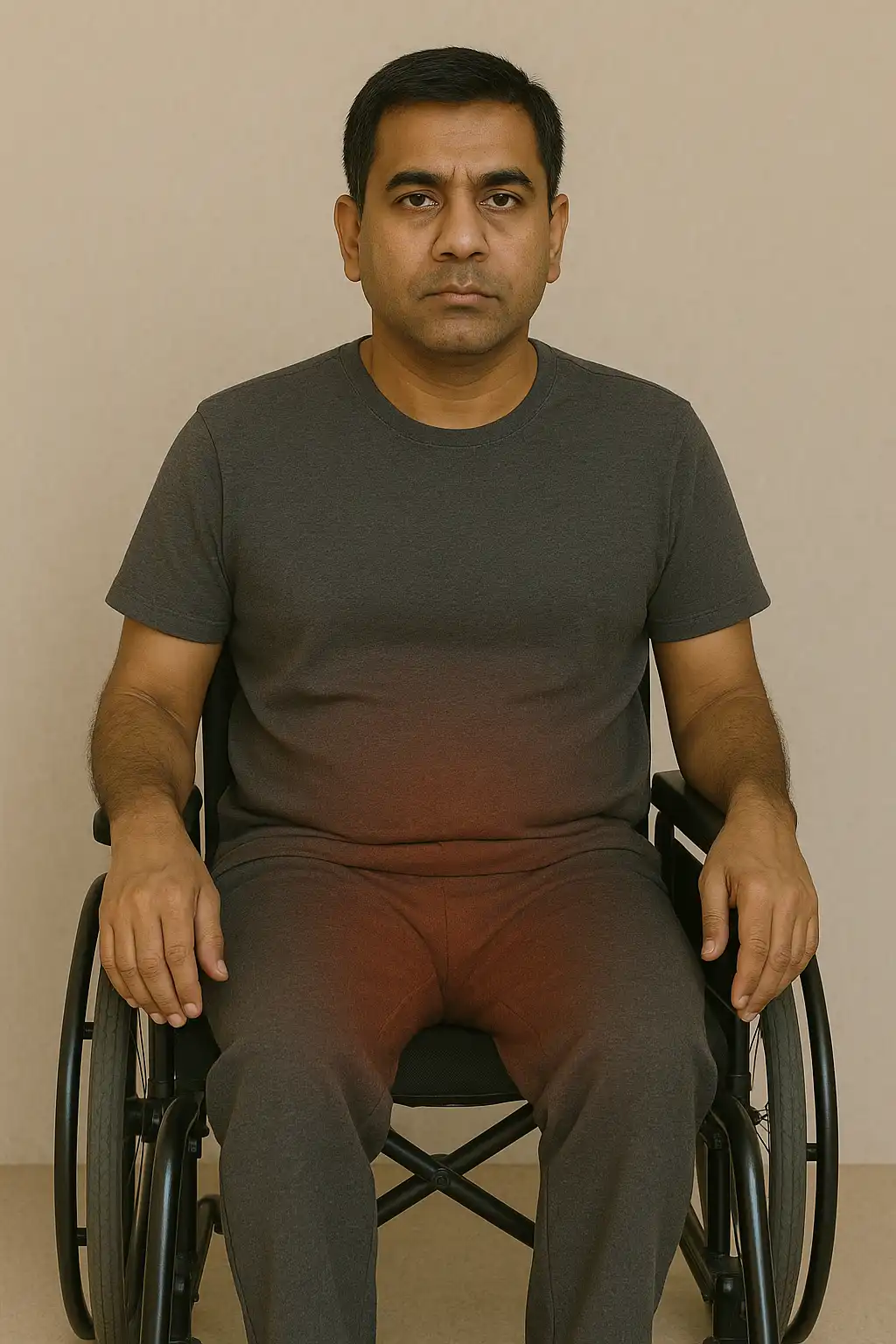 Man sitting in wheelchair with lower body highlighted — paraplegia resulting from spinal cord injury.