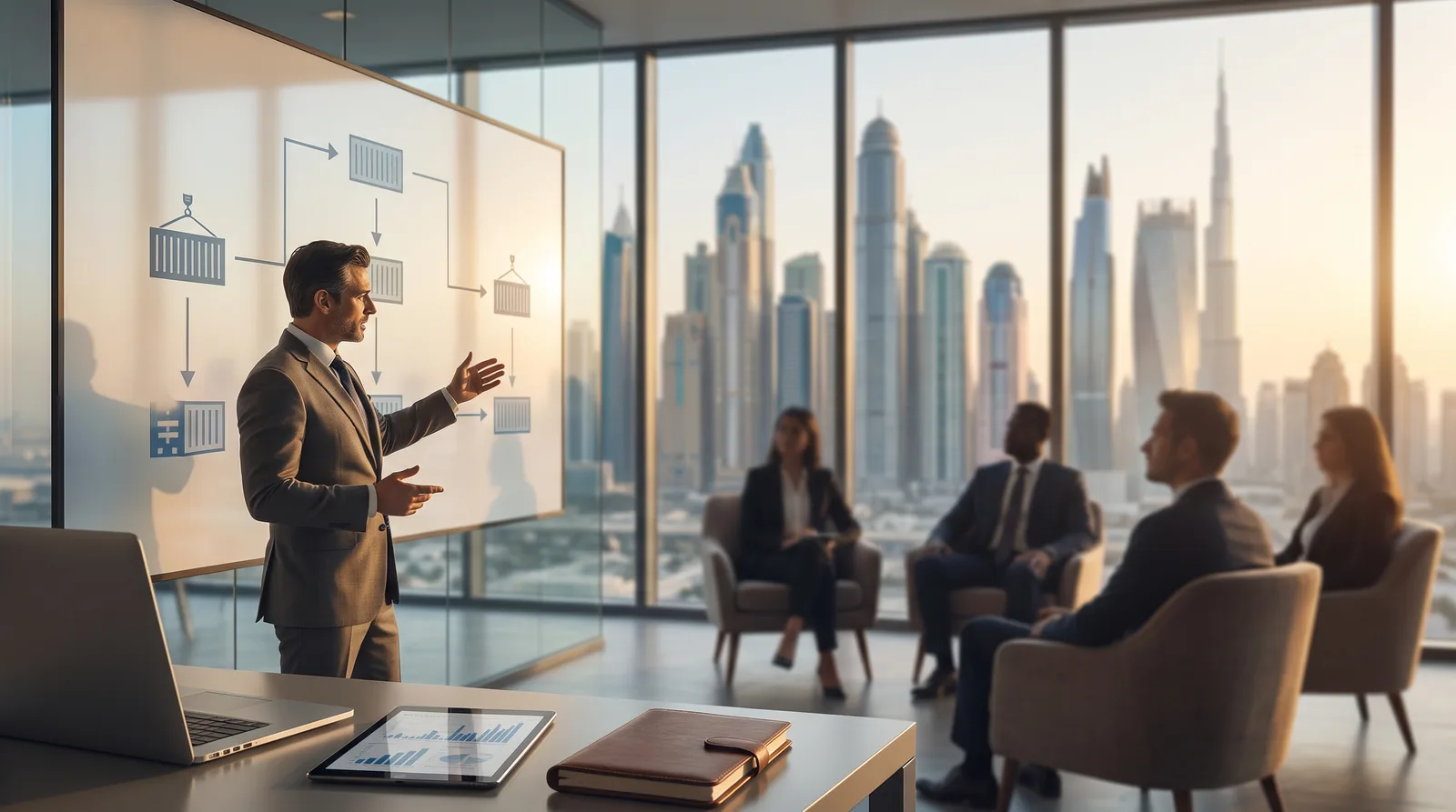 British founder reviewing trade and shipping plans near Dubai port containers