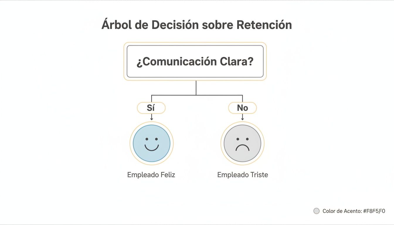Un árbol de decisión sobre la retención empresarial, ilustrando el impacto de la comunicación clara en la satisfacción del empleado.