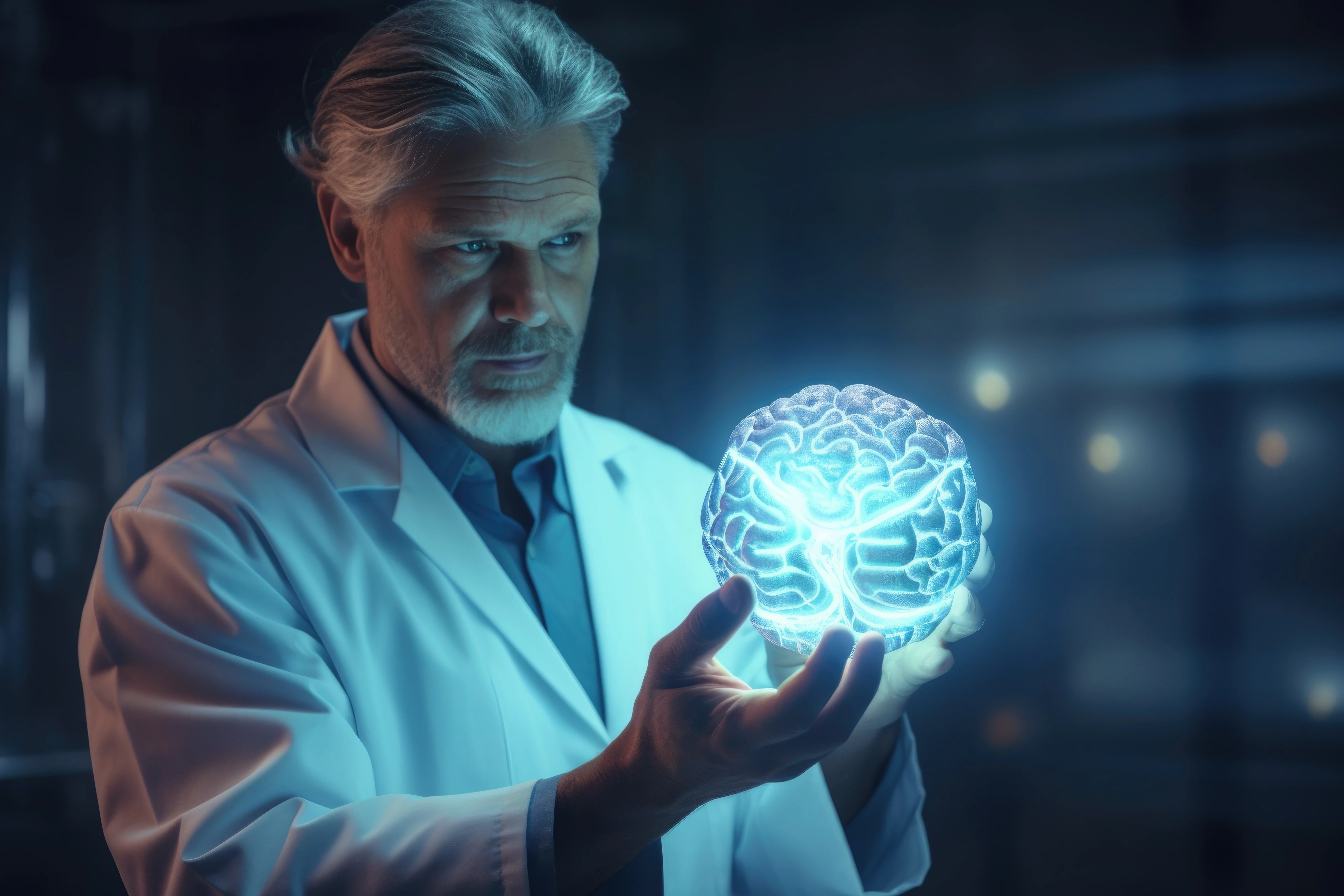 Neuroscientist observing a brain hologram, neuroscience medical billing company in Aurora