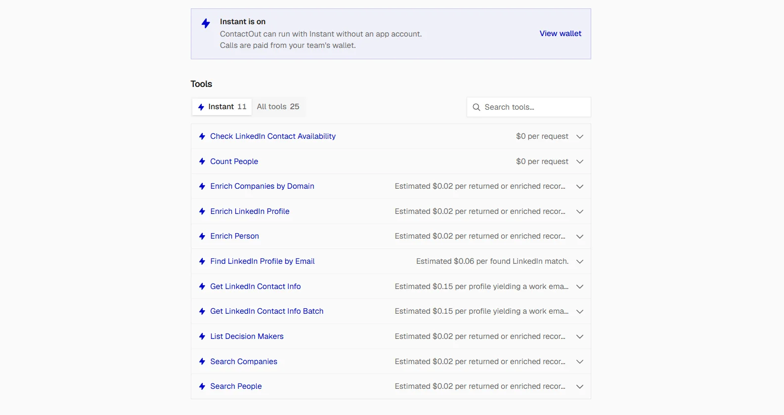 ContactOut Instant tools and their per-call prices in Composio