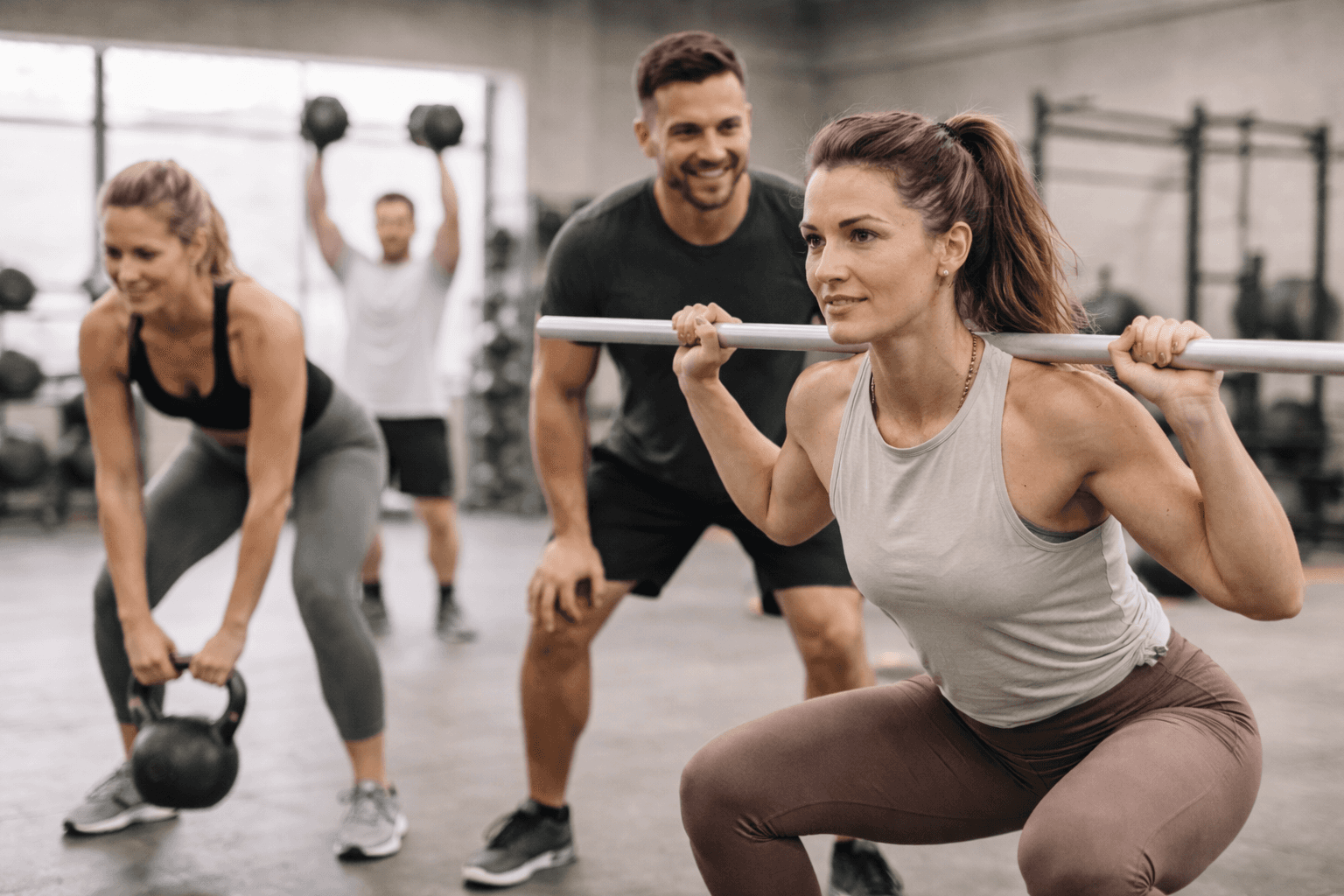 Energetic black and white image of two female athletes cheering and shouting during a fitness competition.