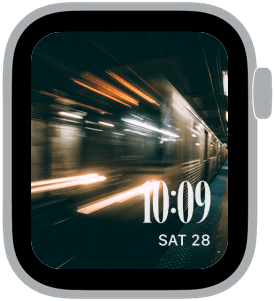 l train motion Apple Watch face preview 5 featuring stylized colors and artwork.