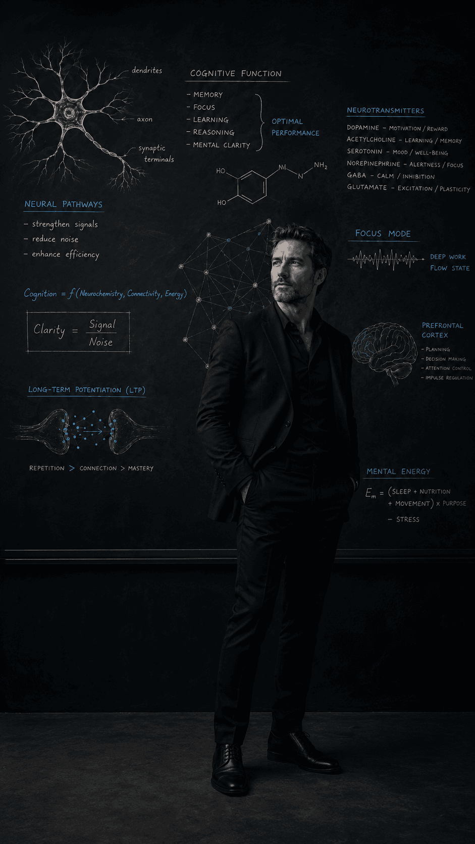 Man in a dark suit standing before a chalkboard diagram of neurons, cognitive function, and neurotransmitter pathways, representing focus and mental clarity