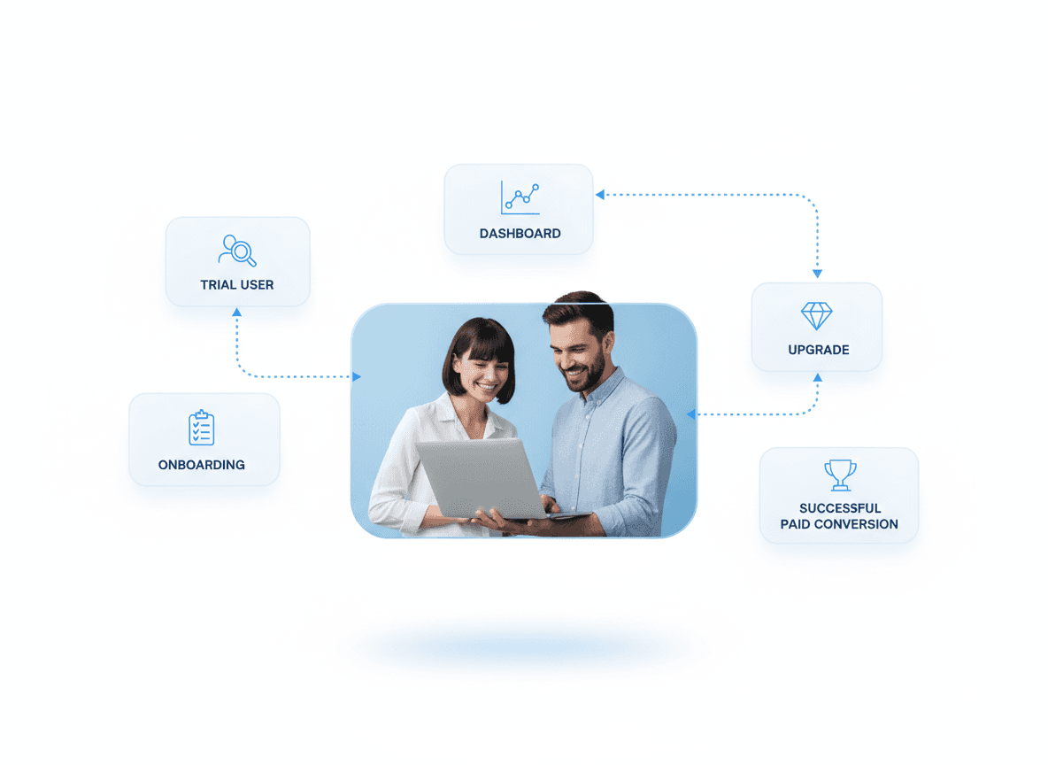 SaaS product design services showing high-conversion onboarding funnel transforming free trials into paid customers with user-friendly interface design