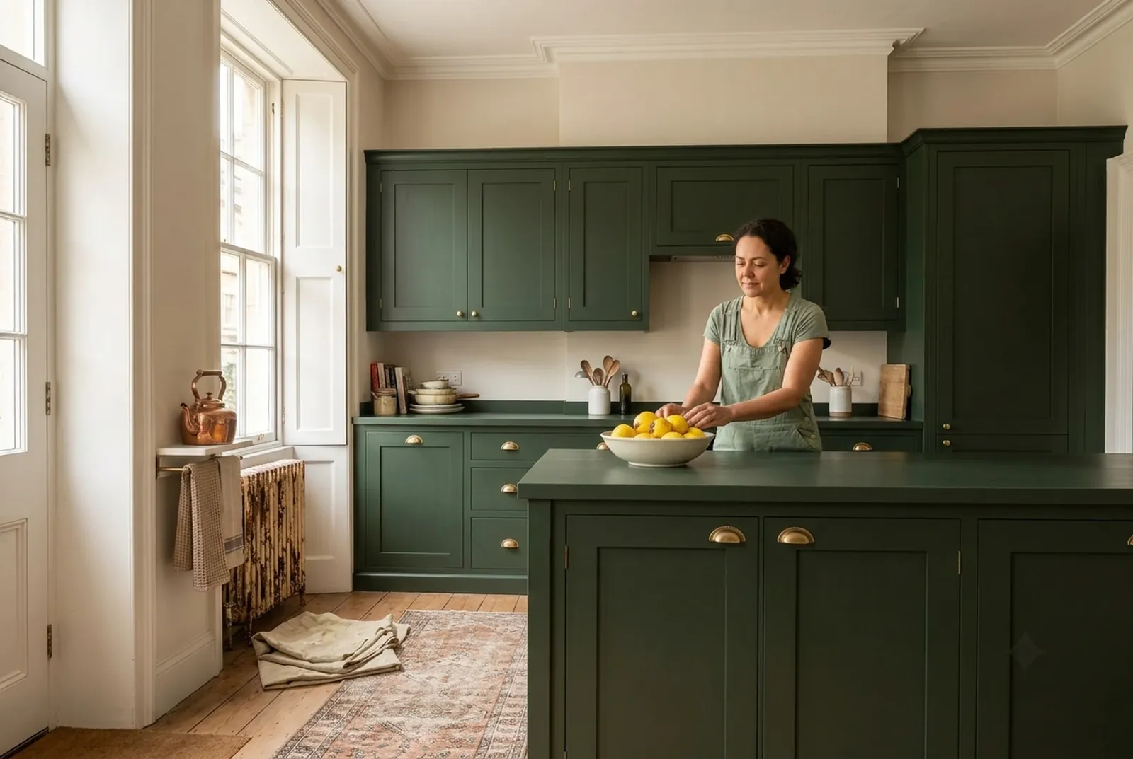 The same kitchen after: cabinets painted deep forest green with brass cup handles