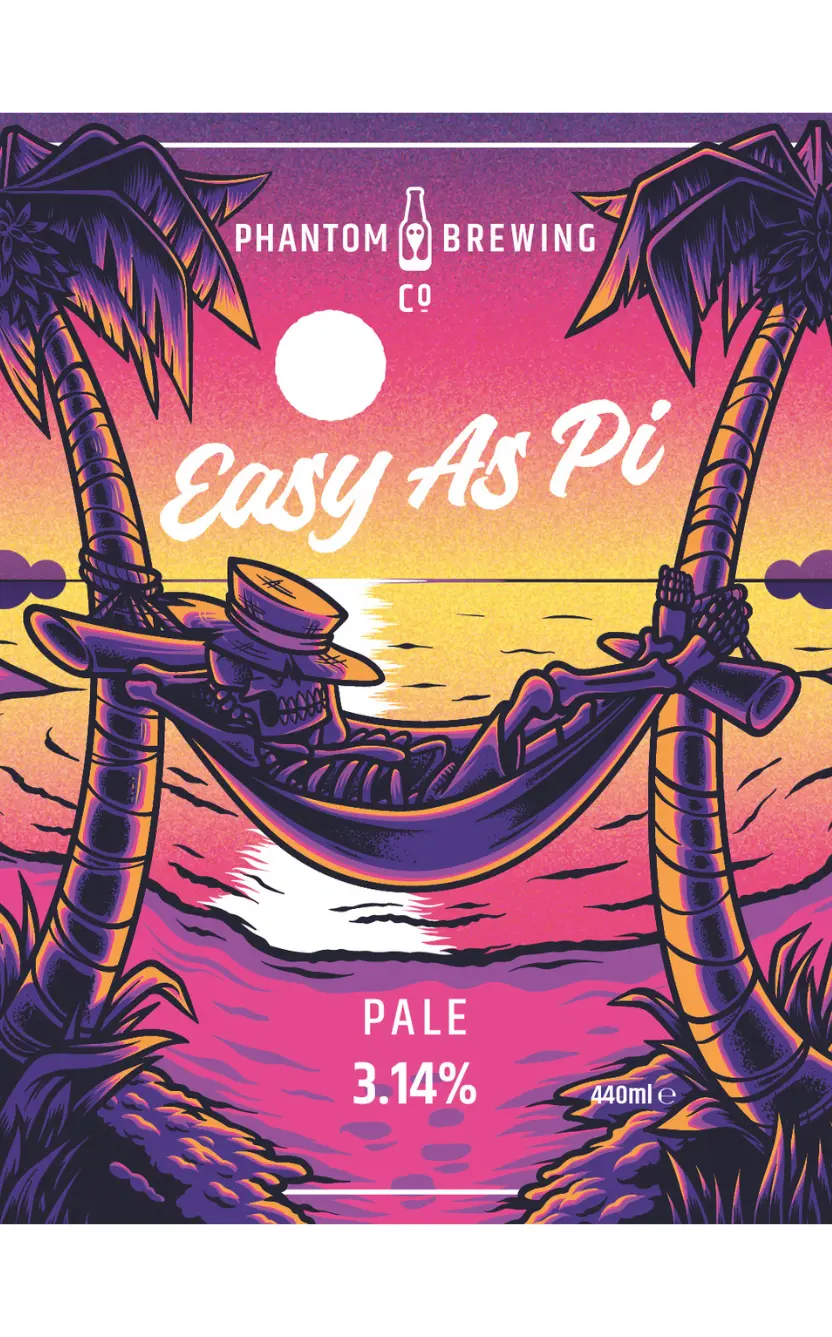 illustration of a beer label showing a skeleton sleeping in a hammoc in a caribean island