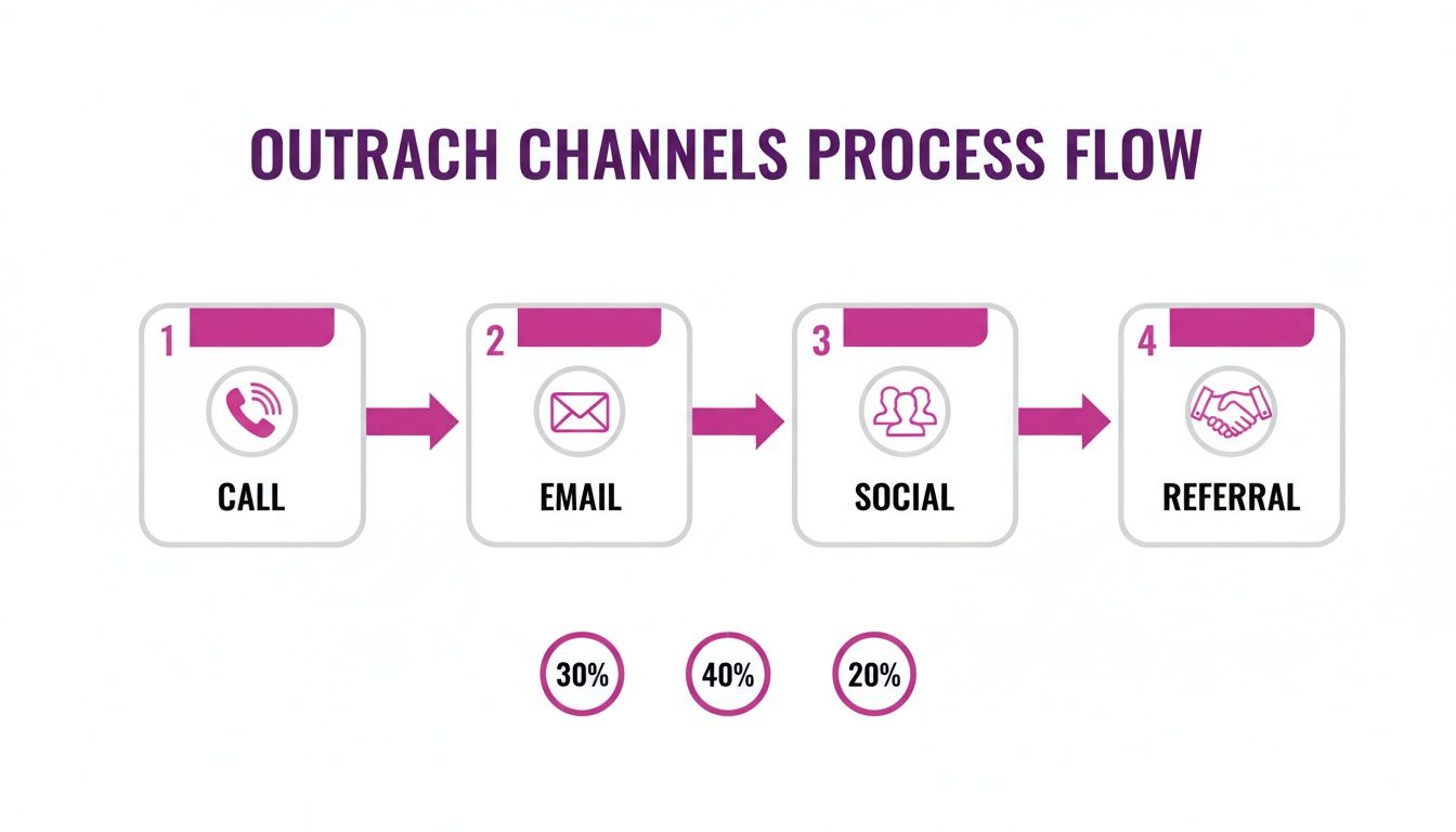 A process flow diagram illustrating outreach channels including Call, Email, Social, and Referral, with percentage allocations.