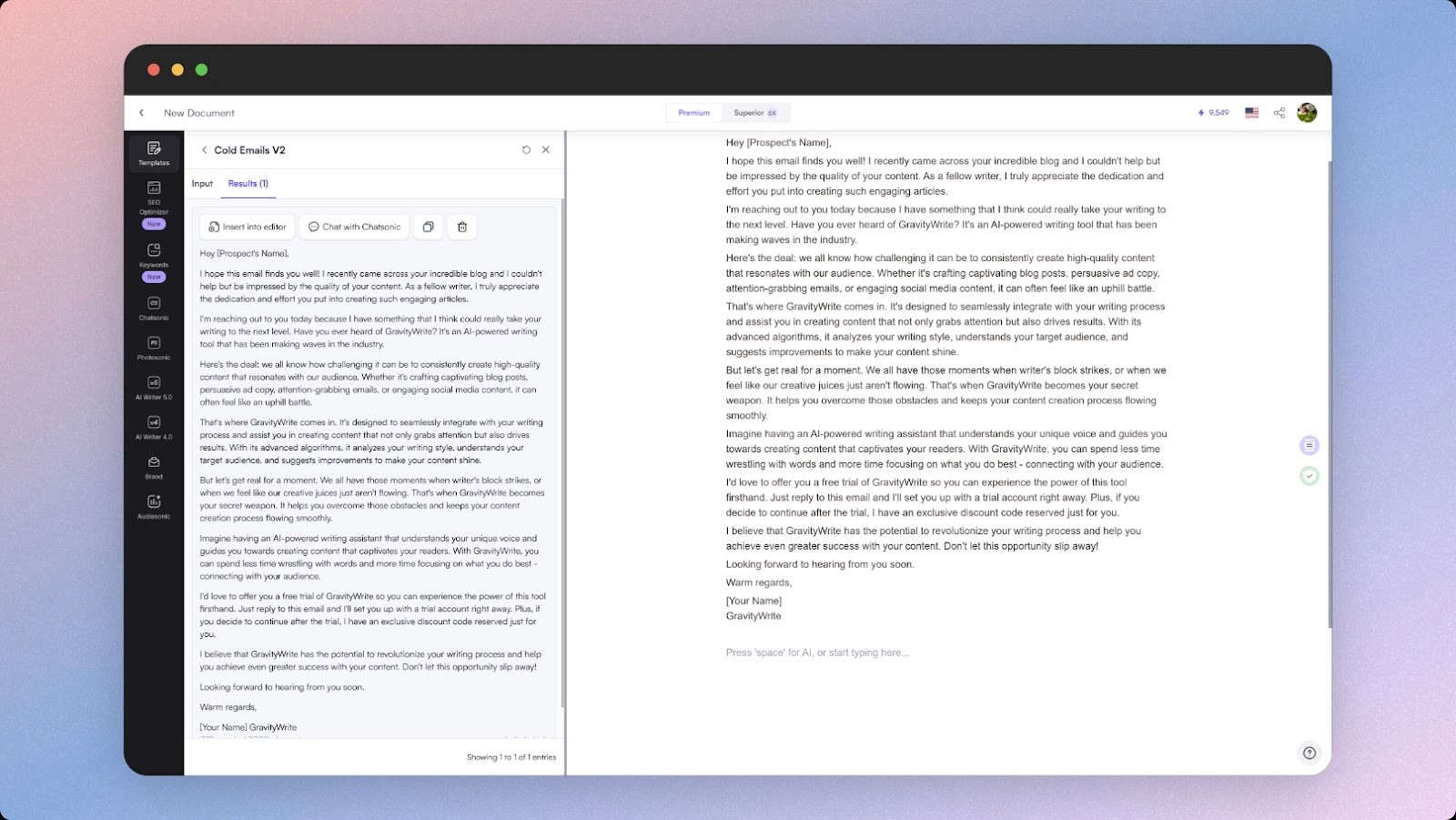 A snapshot of Writesonic's AI tool interface with a draft email to promote content writing, emphasizing the ease of content creation.