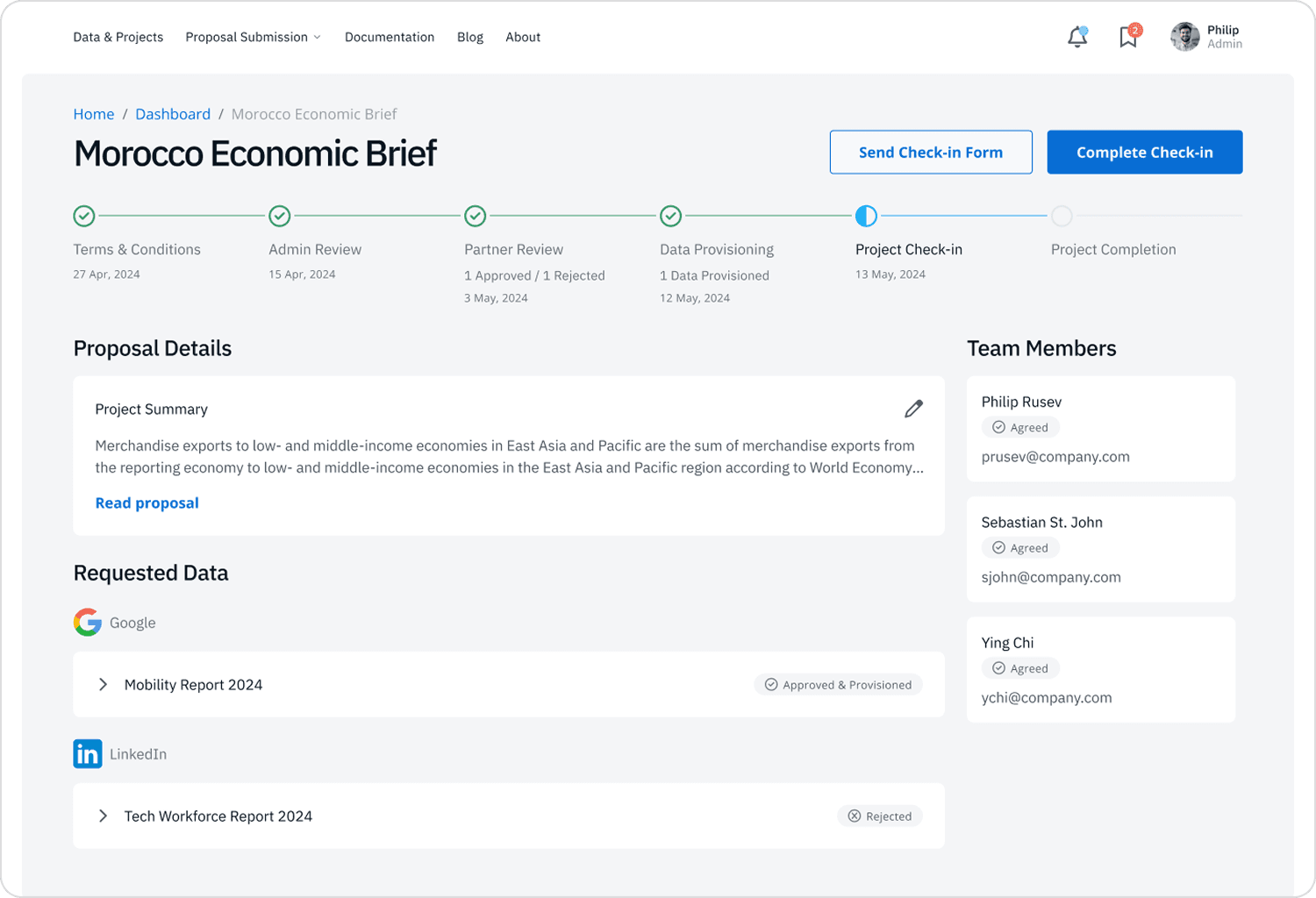 Desktop portal UI for a non-profit showing the fifth step of the process, which is project Check In