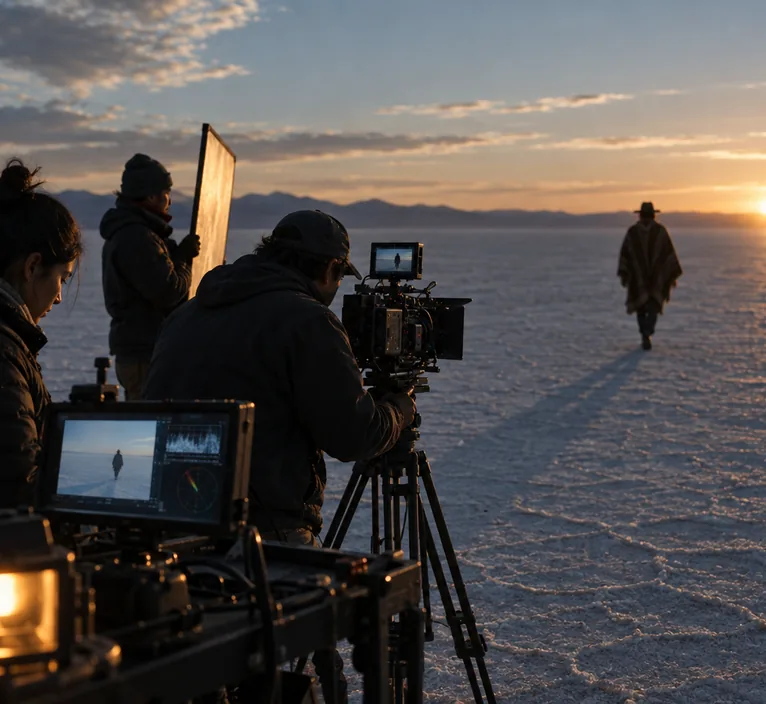 A film crew shooting on a salt flat at sunset