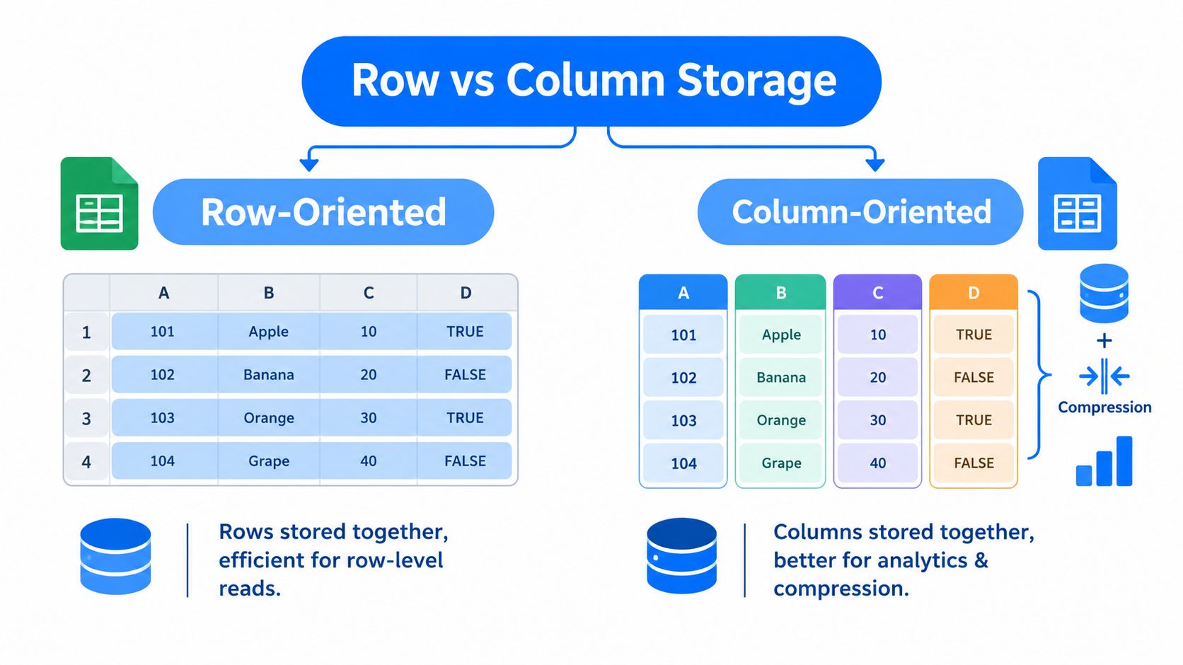 A diagram comparing row-oriented and column-oriented data storage structures, highlighting their respective efficiency and use cases.