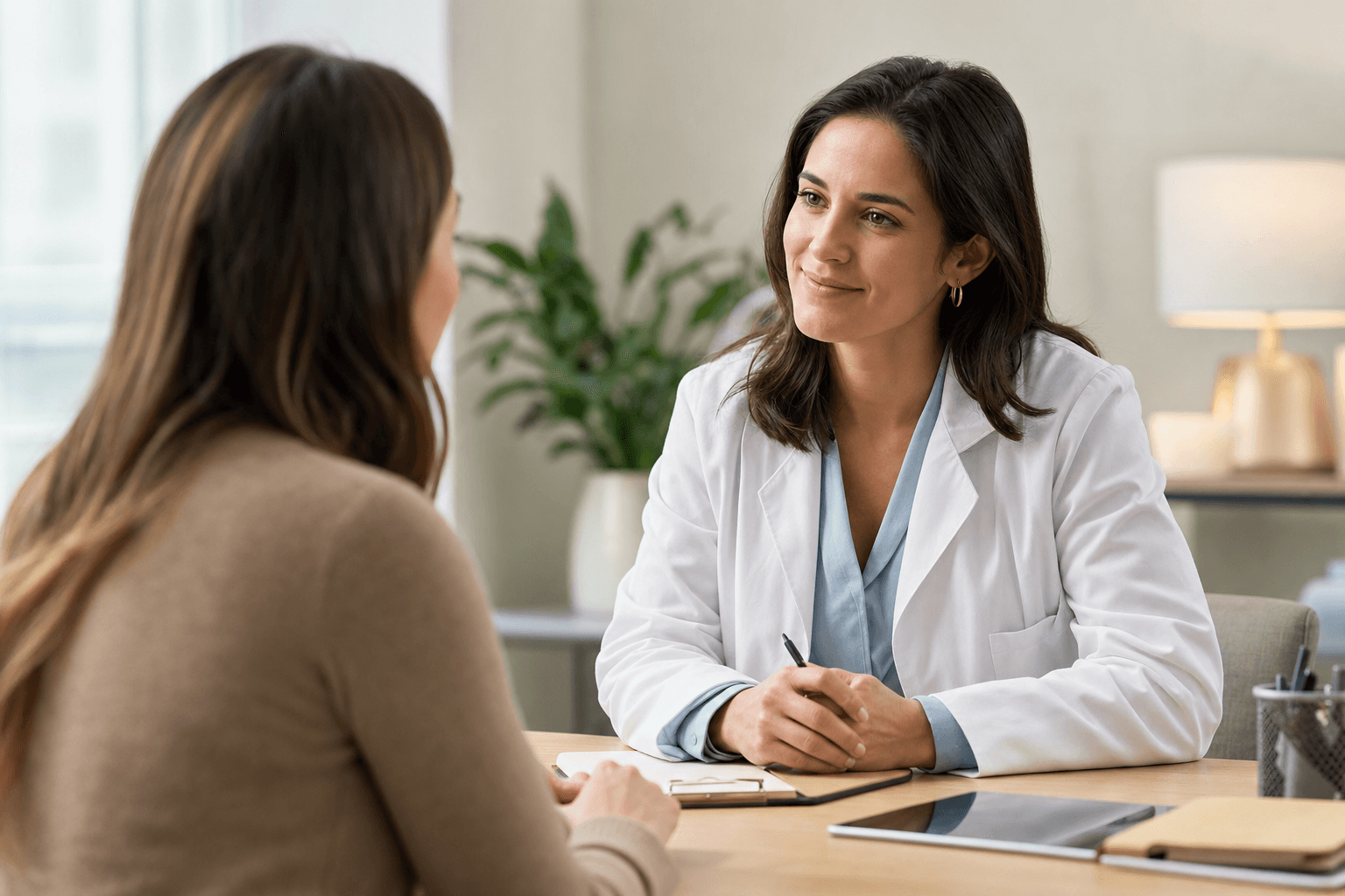 A calm, supportive therapy or treatment setting showing a healthcare professional and patient in consultation. Modern medical office with warm, professional lighting. The scene conveys trust, care, and collaborative treatment planning. Soft focus on clinical tools or notes on desk. Photorealistic style, natural colors, empathetic and professional mood. No text or words visible.