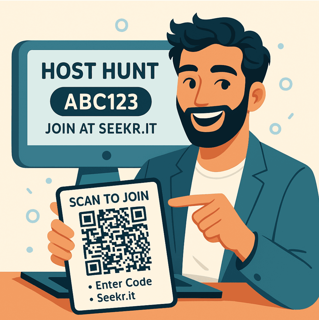 a man holding up a seeker games qr code so his friends can join his scavenger hunt he is hosting