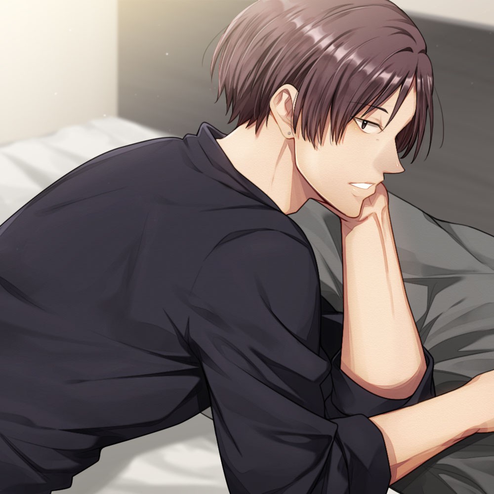 こげ茶髪の青年がベッドに横なって背を向けながらこちらを振り返っているイラスト