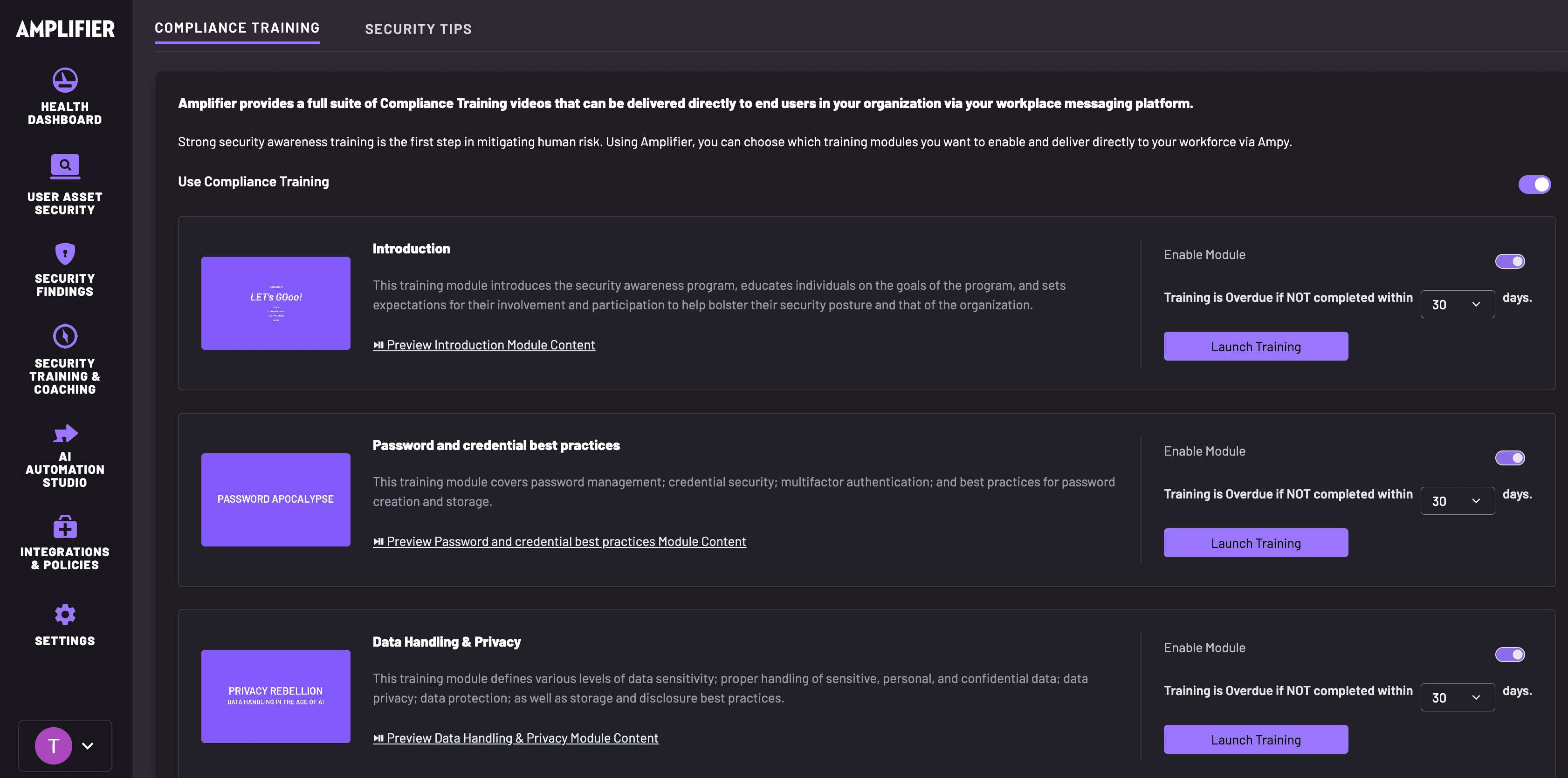 A screenshot of the Amplifier platform showing the compliance training module.