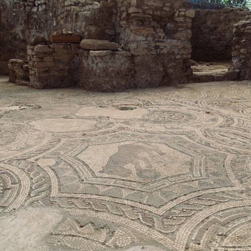 古老的石头遗迹拥有精致的马赛克地板,地板上饰有几何图形,中间还有一个动物图案。