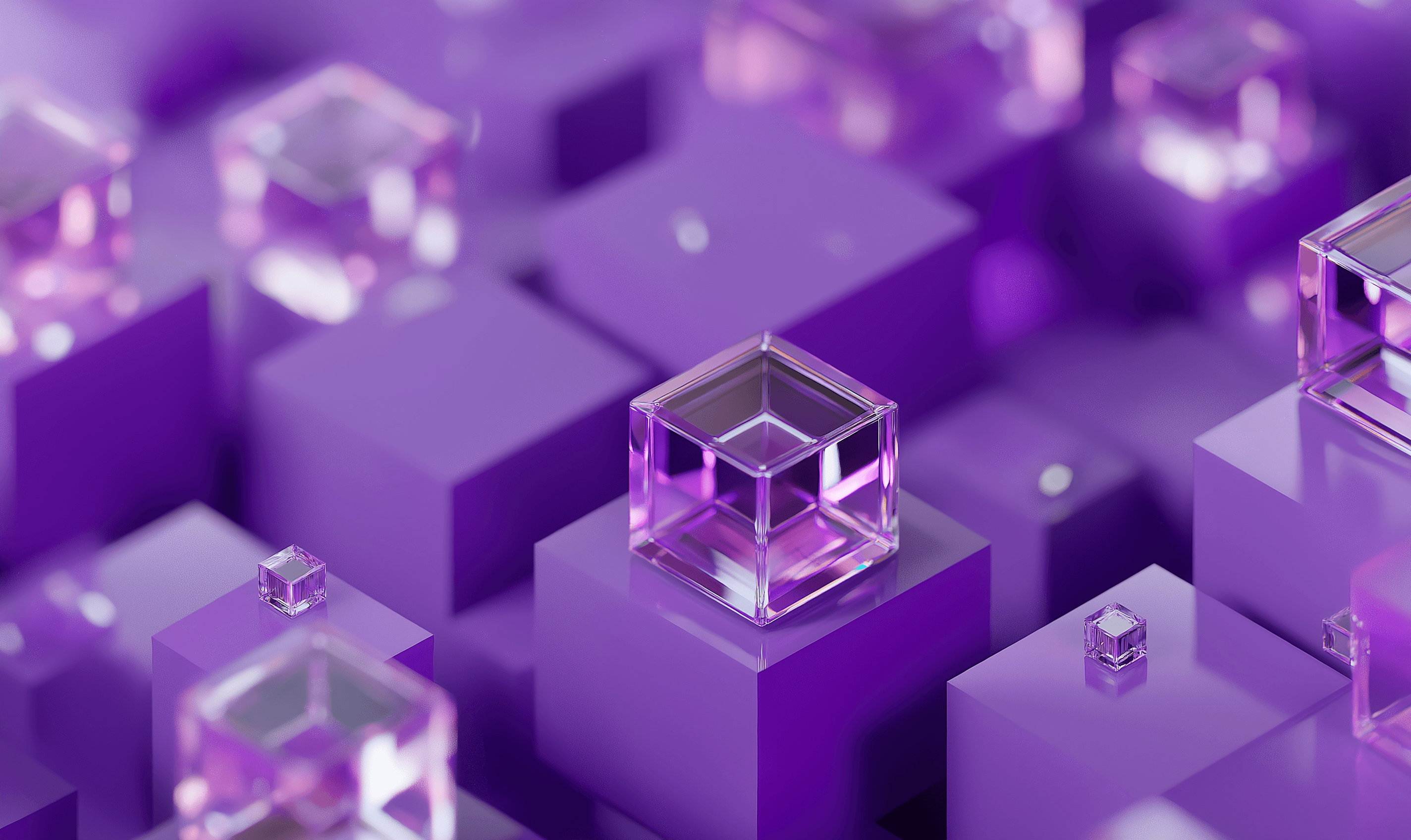 Abstract composition of translucent glass cubes arranged on purple geometric blocks, suggesting digital structure and innovation.