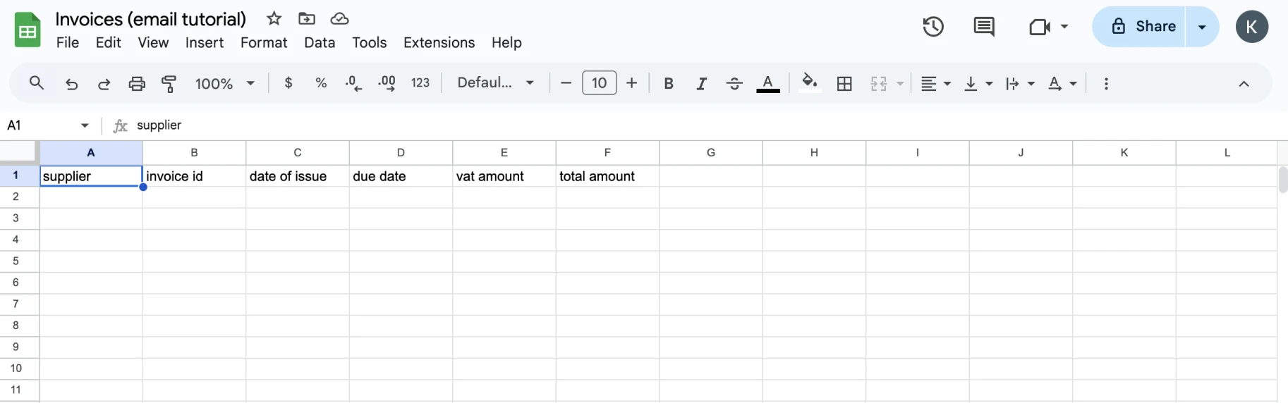Screenshot of an empty Excel table