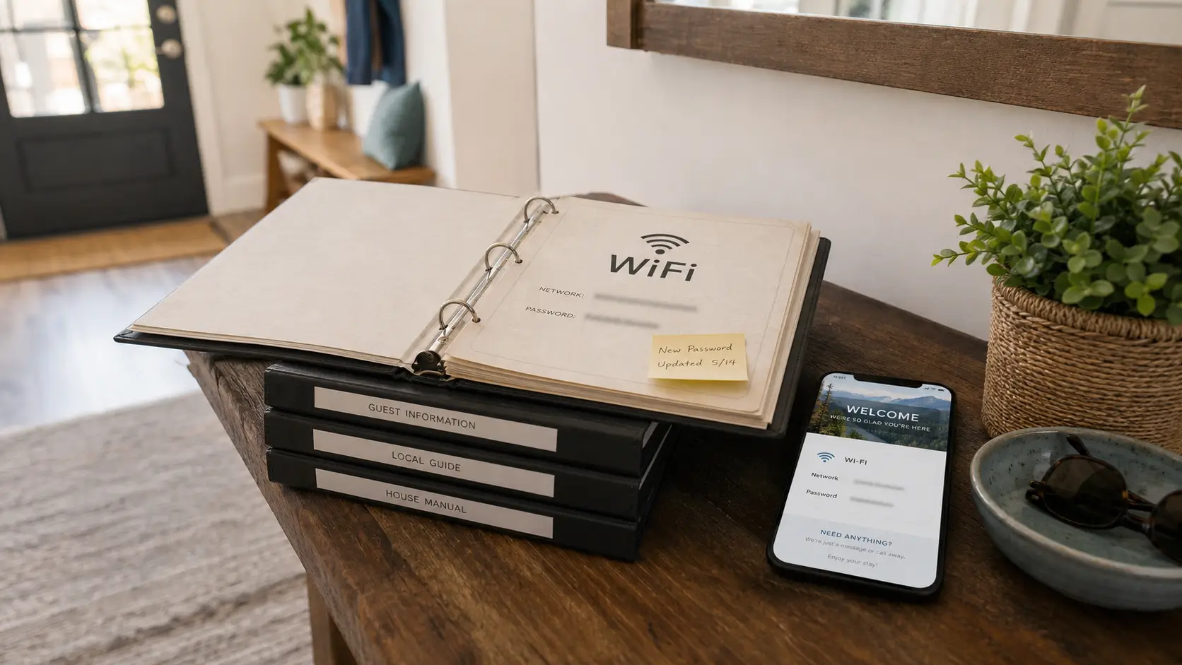 Three printed welcome binders beside a phone showing one live digital welcome book.