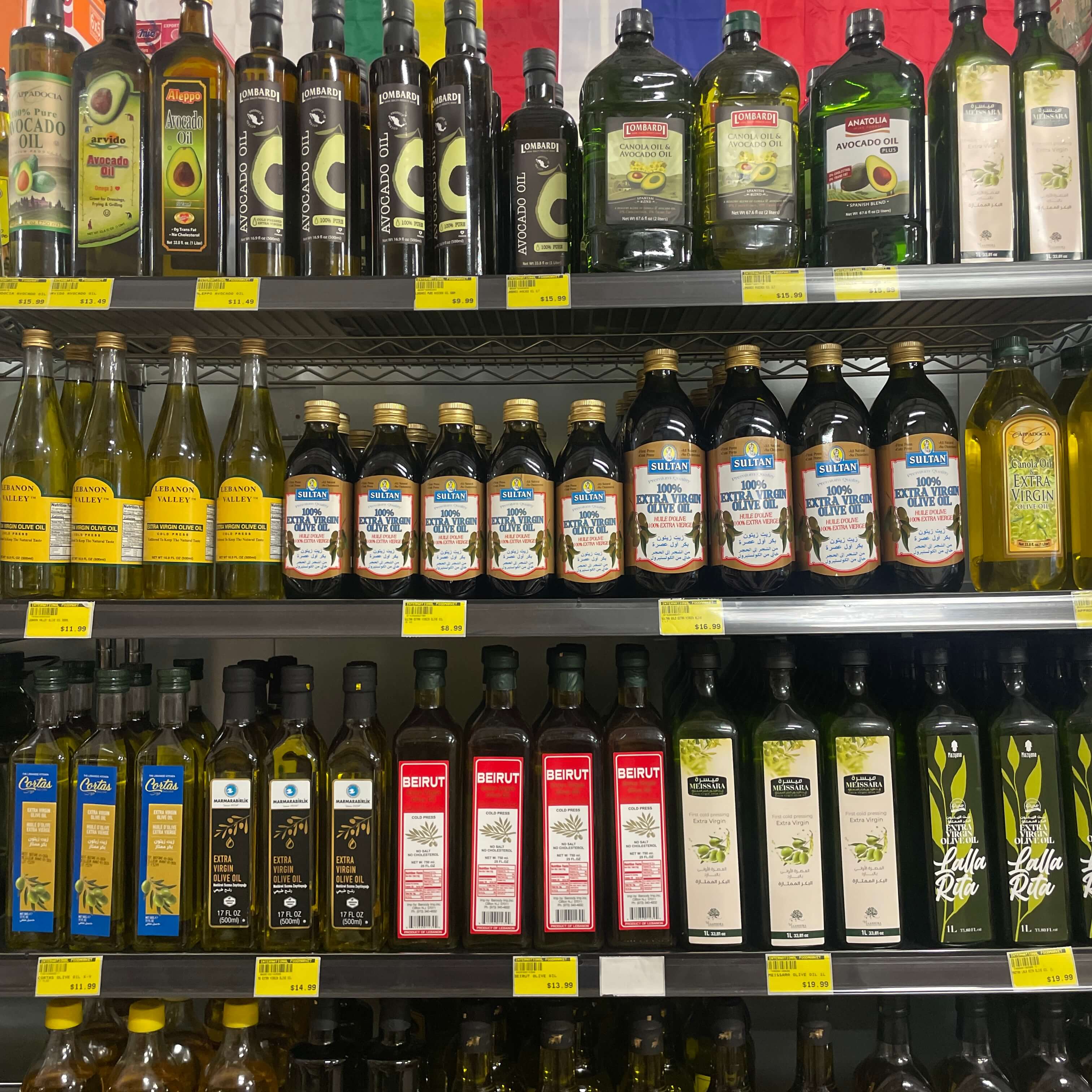 Variety of premium olive oils and vinegars at International Food Market Orlando.