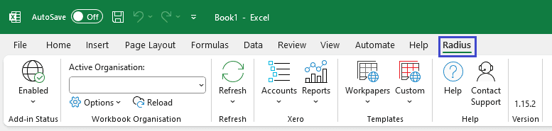 RadiusCore: Excel ribbon showing 'Radius' tab.