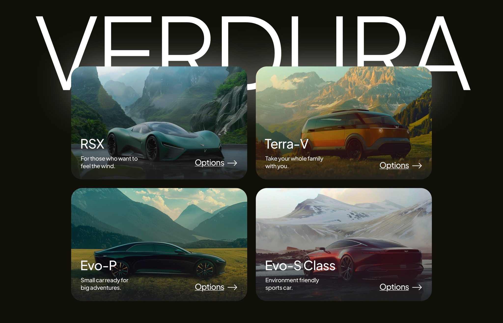 A website design for a car company making futuristic cars Verdura