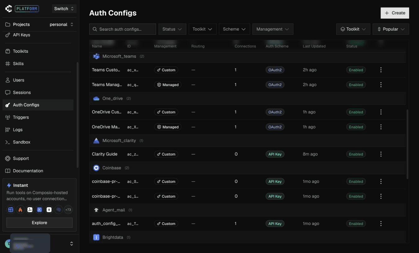 Auth Configs Create button