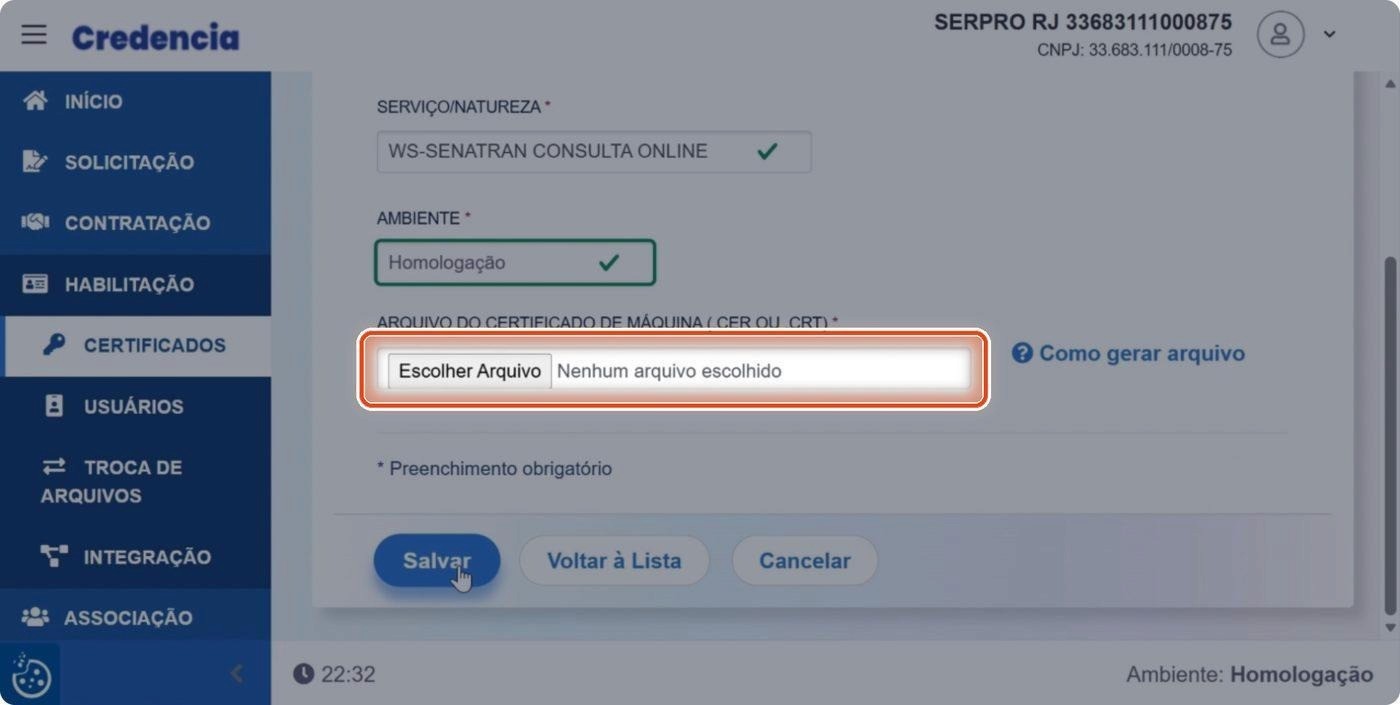 Captura de tela de referência do Credencia para Passo 5 — Selecionar o arquivo do certificado. Contexto: 39 — Habilitação.
