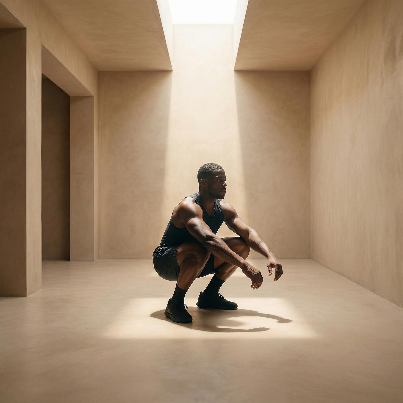 Atleta che esegue uno squat in uno spazio minimal in microcemento illuminato da luce naturale dall’alto.