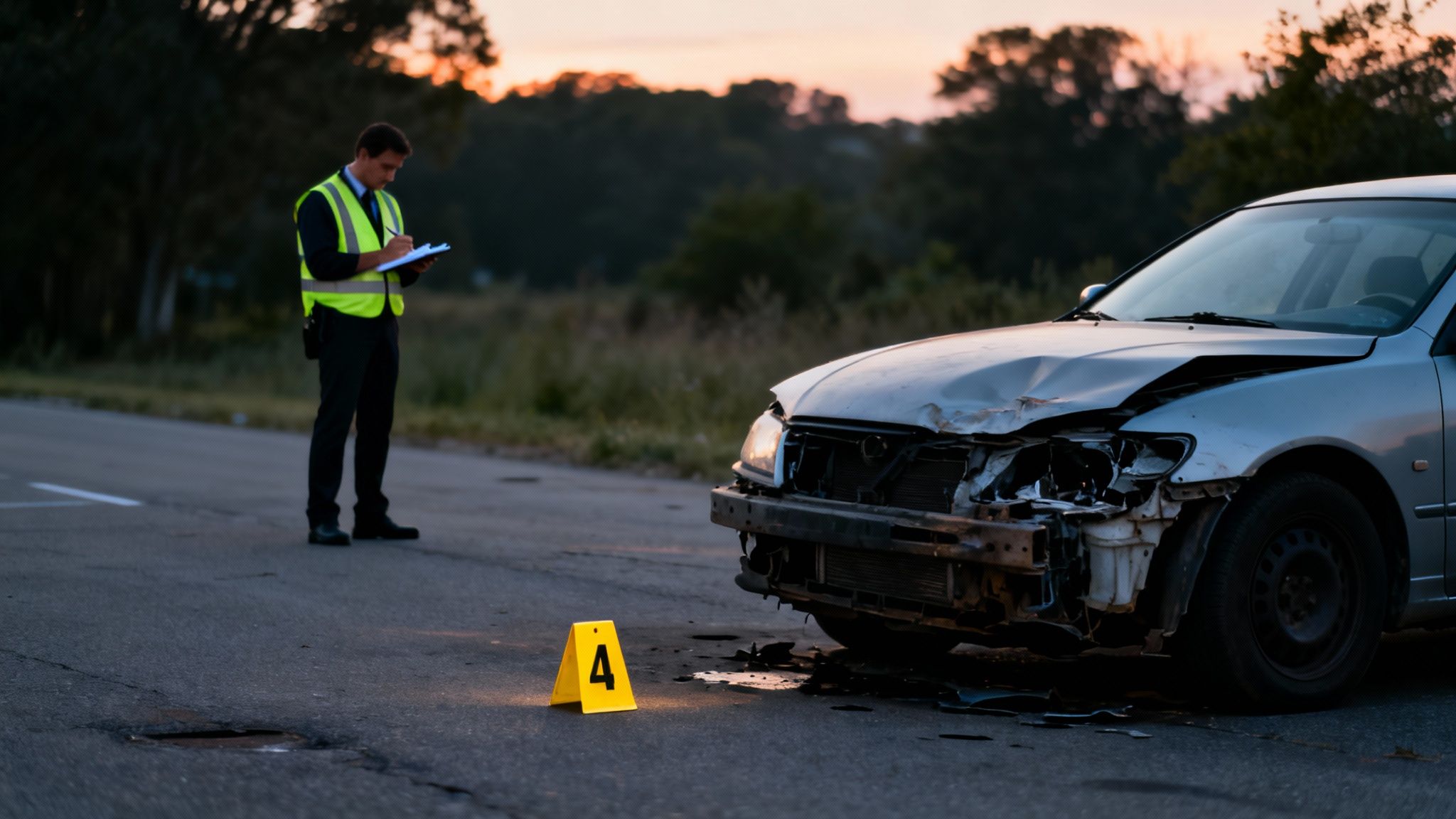 An investigator in a neon vest takes notes at a car accident scene with a damaged silver car.