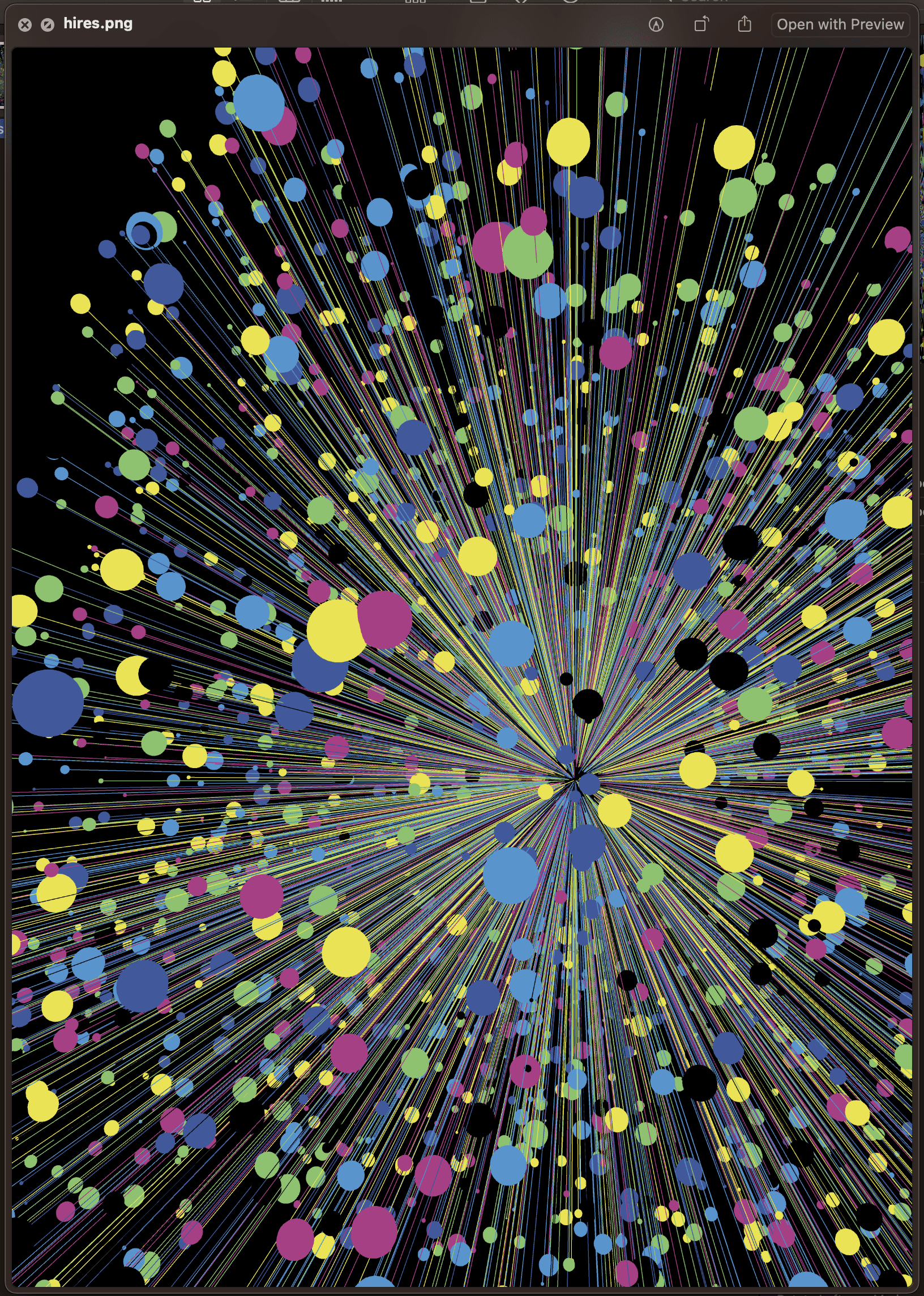 Radial burst pattern with colorful dots and lines on black background