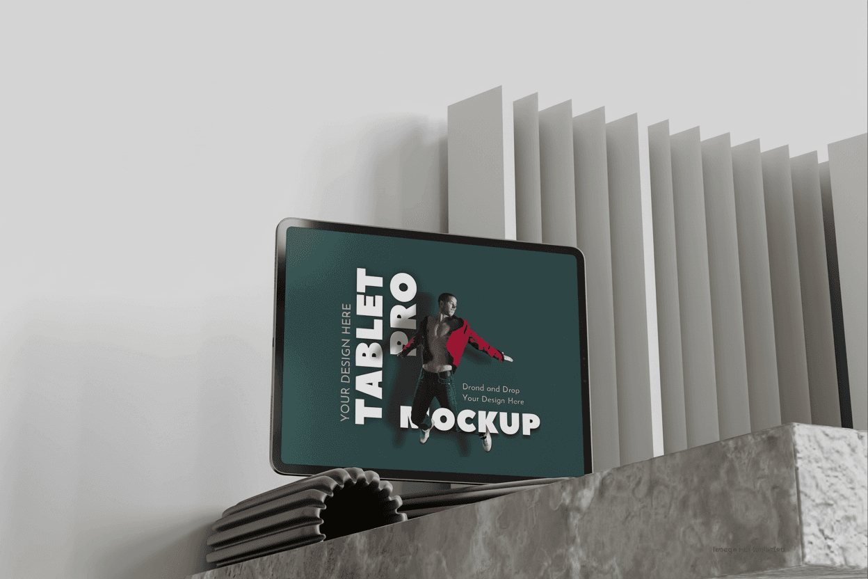 A sleek tablet mockup displaying a design portfolio, leaning against a series of white vertical slats on a textured grey base, illustrating SaaS activation and UX decisions.